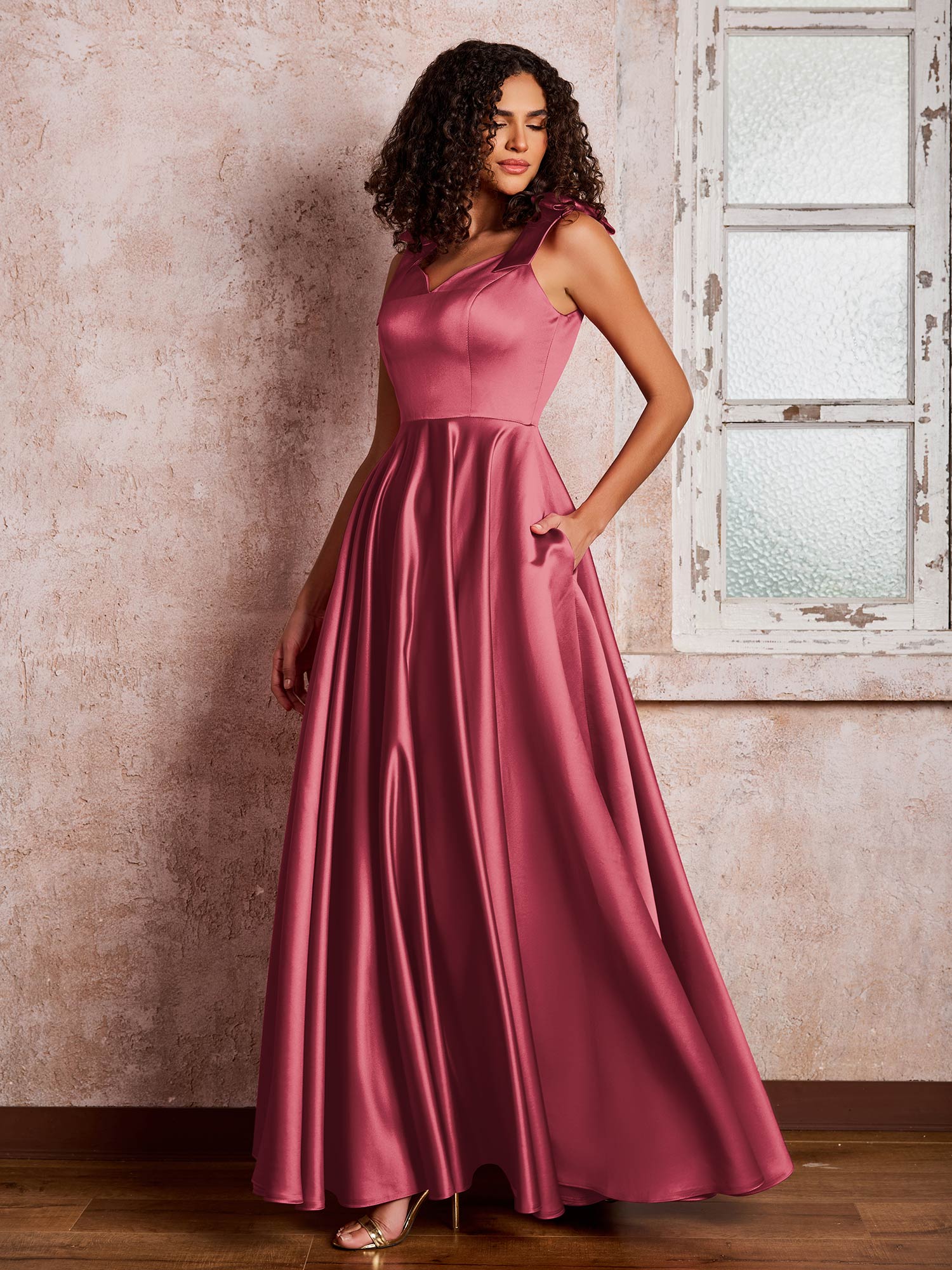 V-neck Floor-length Shoulder Bow Satin Dresses with Pockets Cinnamon Rose - Image 3