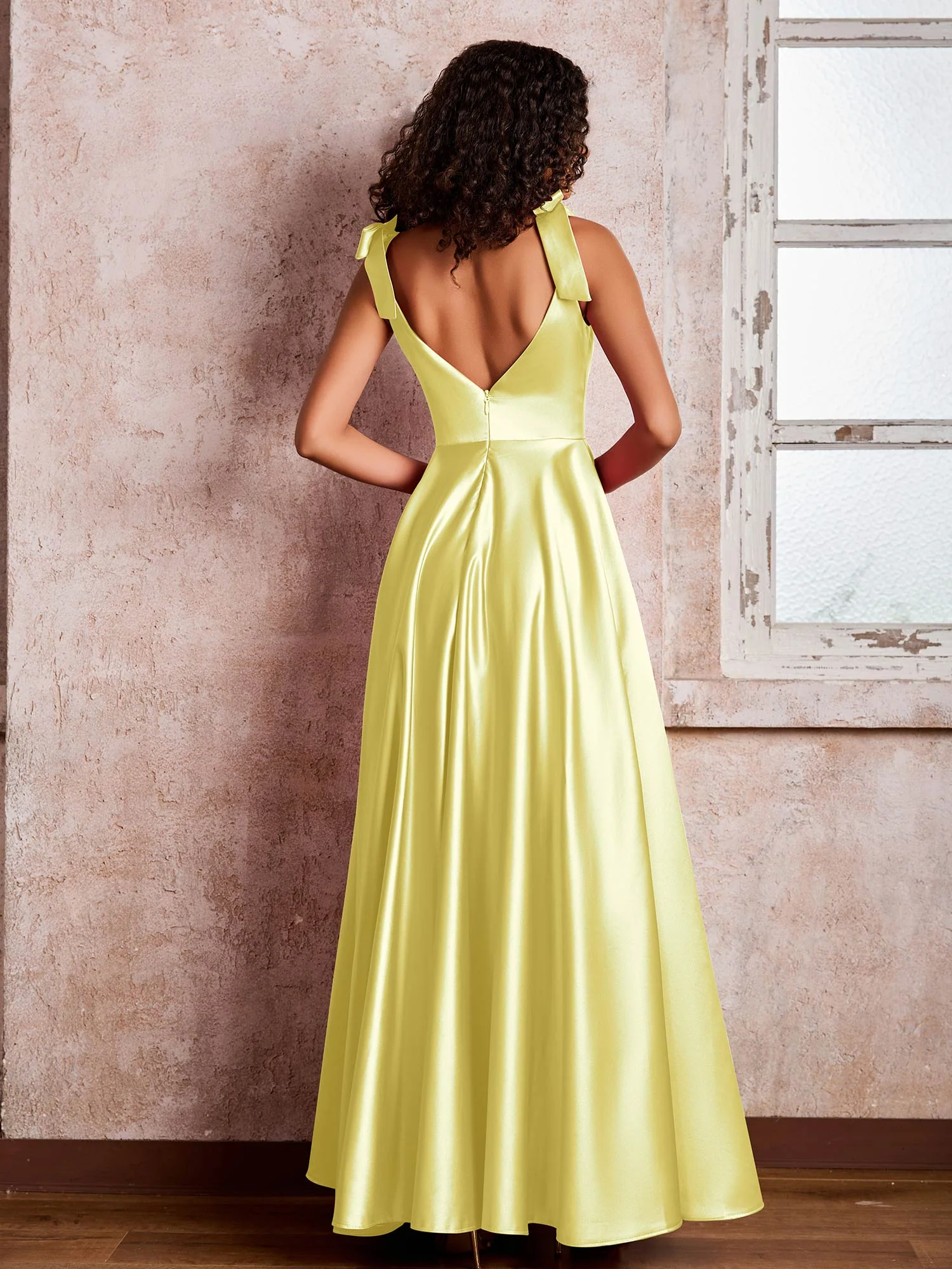 V-neck Floor-length Shoulder Bow Satin Dresses with Pockets Daffodil - Image 2