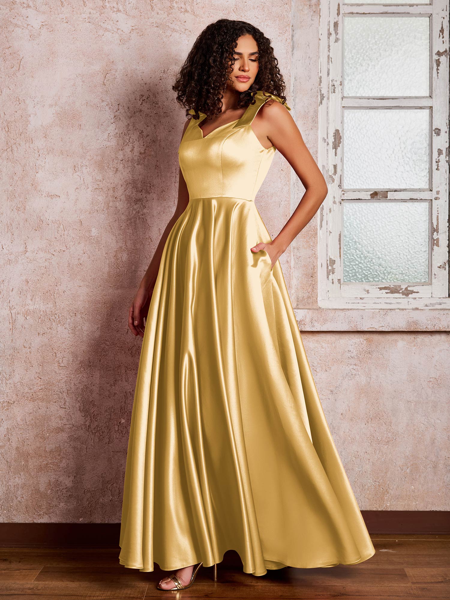 V-neck Floor-length Shoulder Bow Satin Dresses with Pockets Gold - Image 3