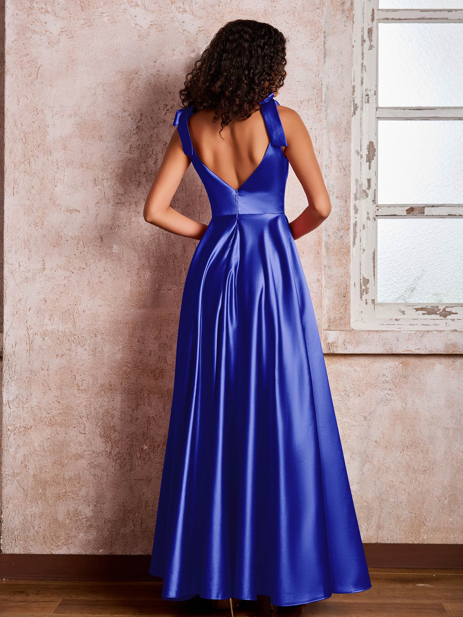 V-neck Floor-length Shoulder Bow Satin Dresses with Pockets Royal Blue - Image 2