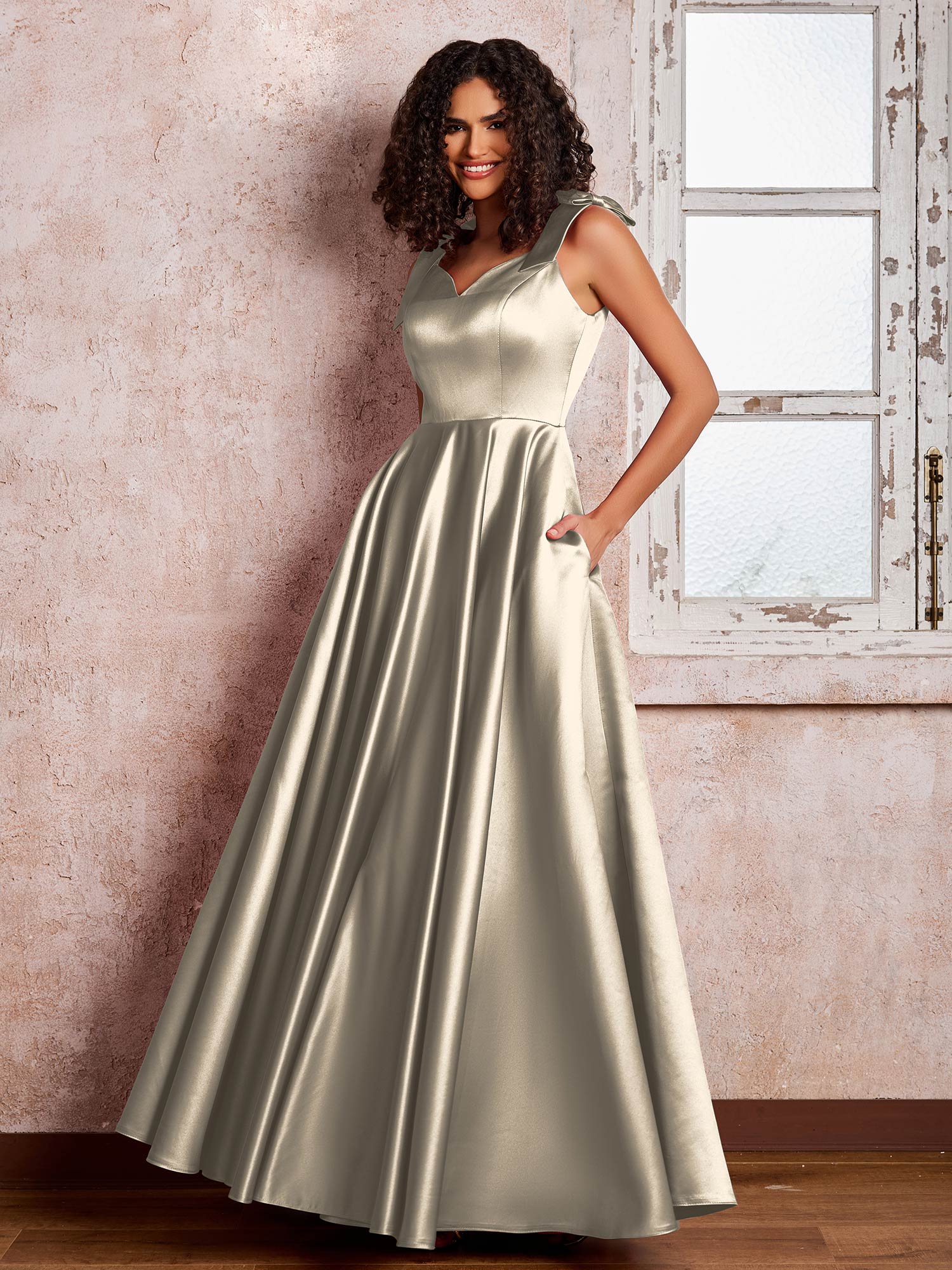V-neck Floor-length Shoulder Bow Satin Dresses with Pockets Taupe