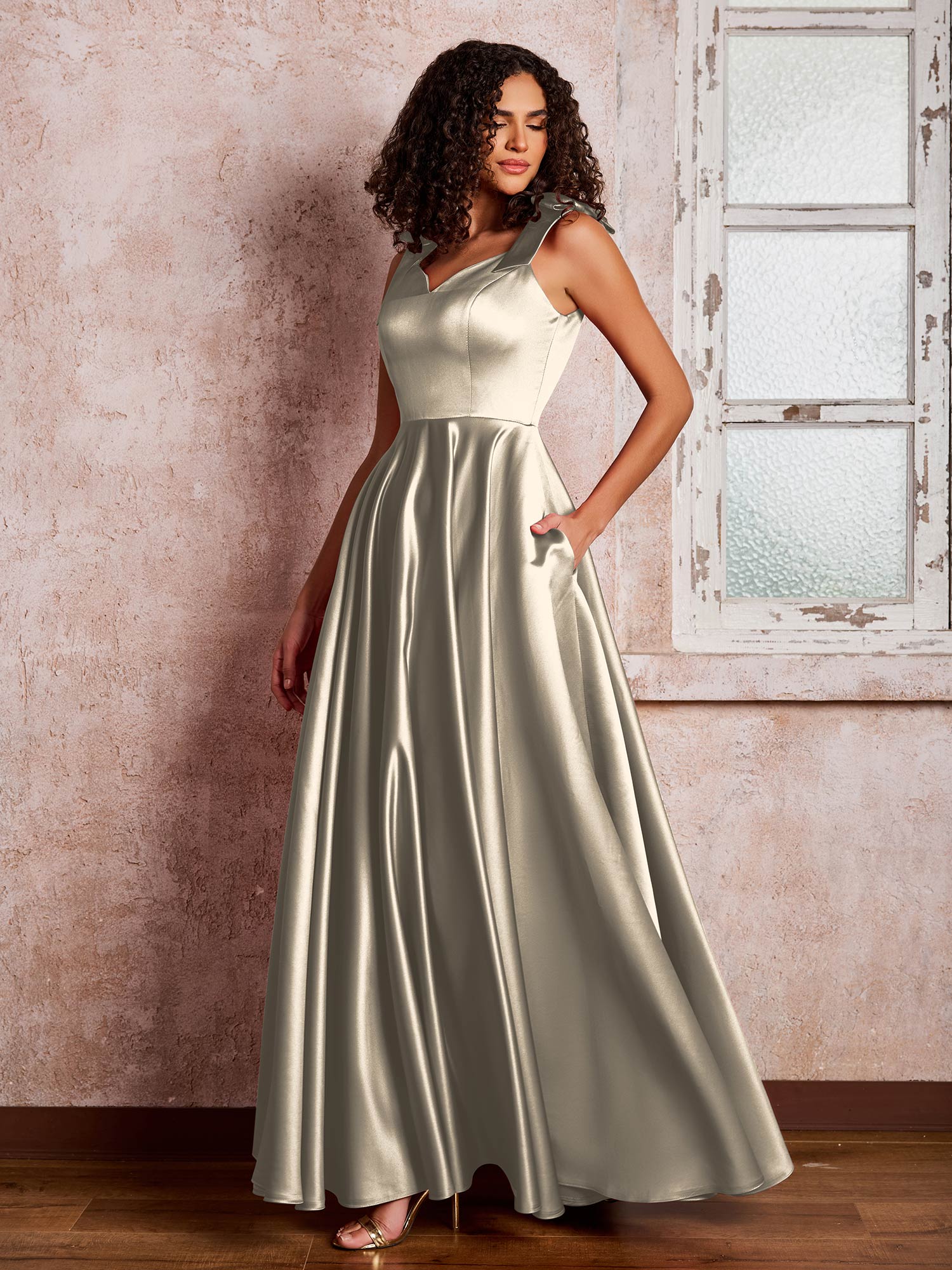 V-neck Floor-length Shoulder Bow Satin Dresses with Pockets Taupe - Image 3