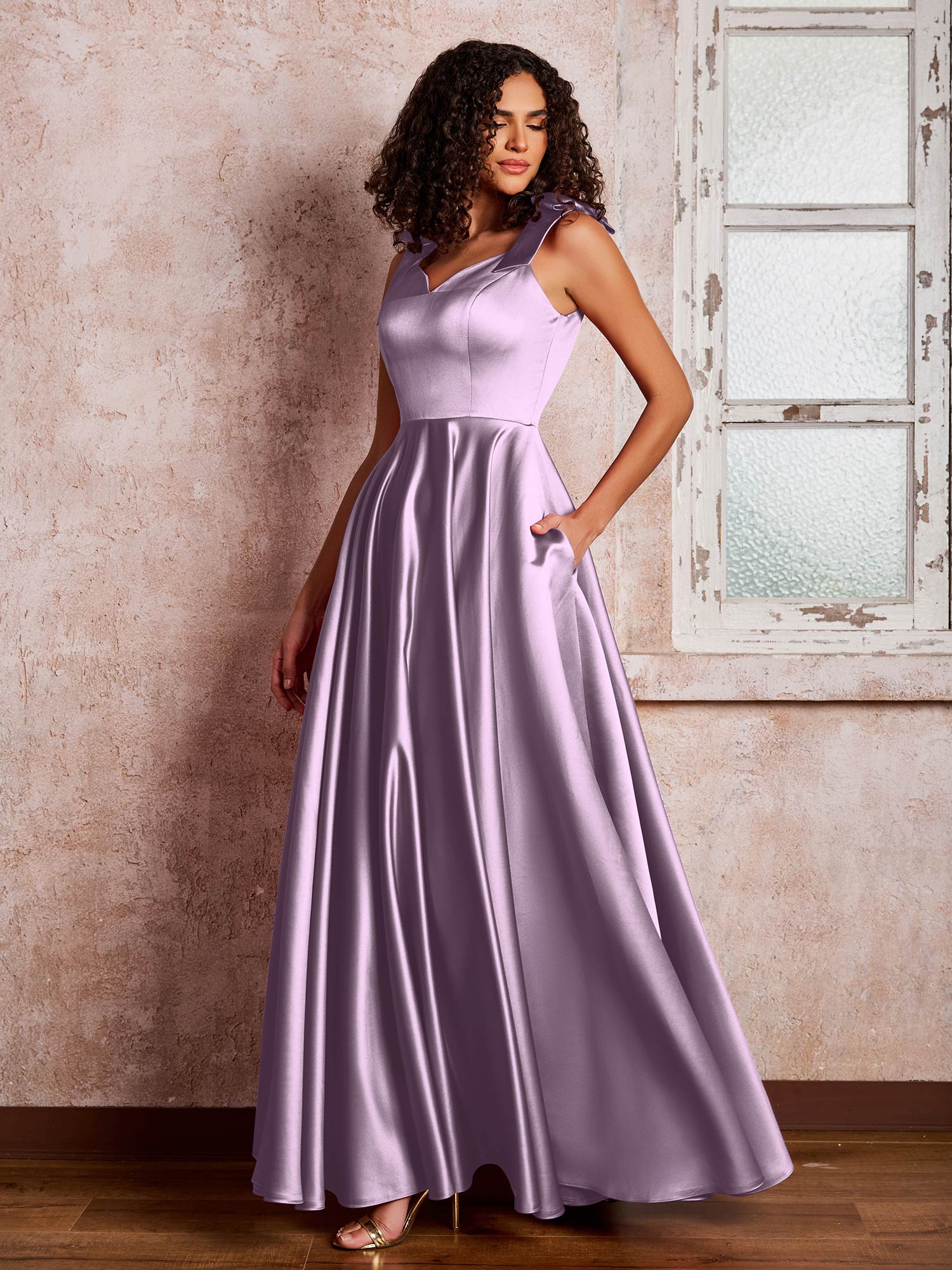 V-neck Floor-length Shoulder Bow Satin Dresses with Pockets Wisteria - Image 3