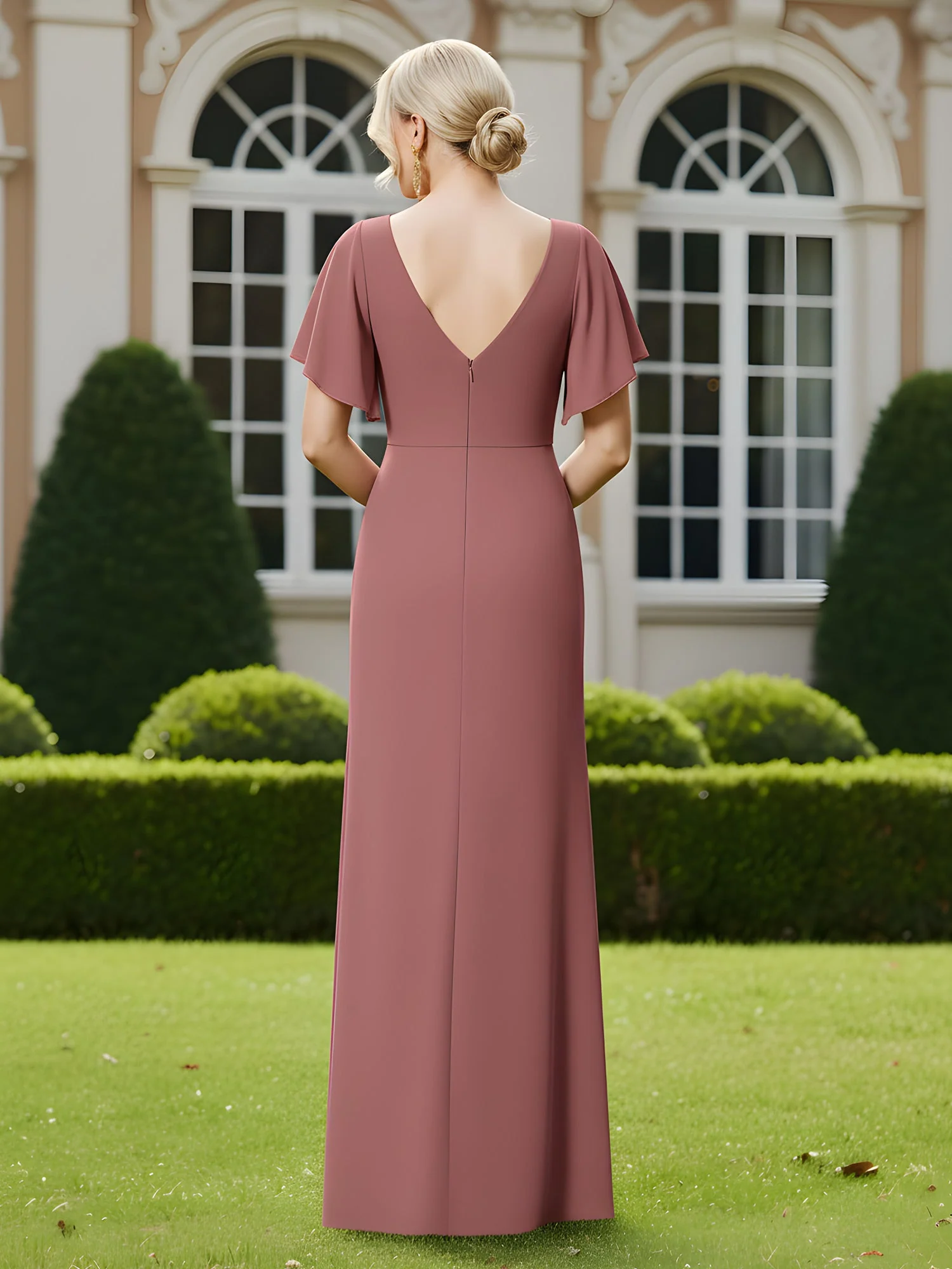 V-neck Flutter Sleeves Pleated Floor-Length Dress Orchid - Image 2
