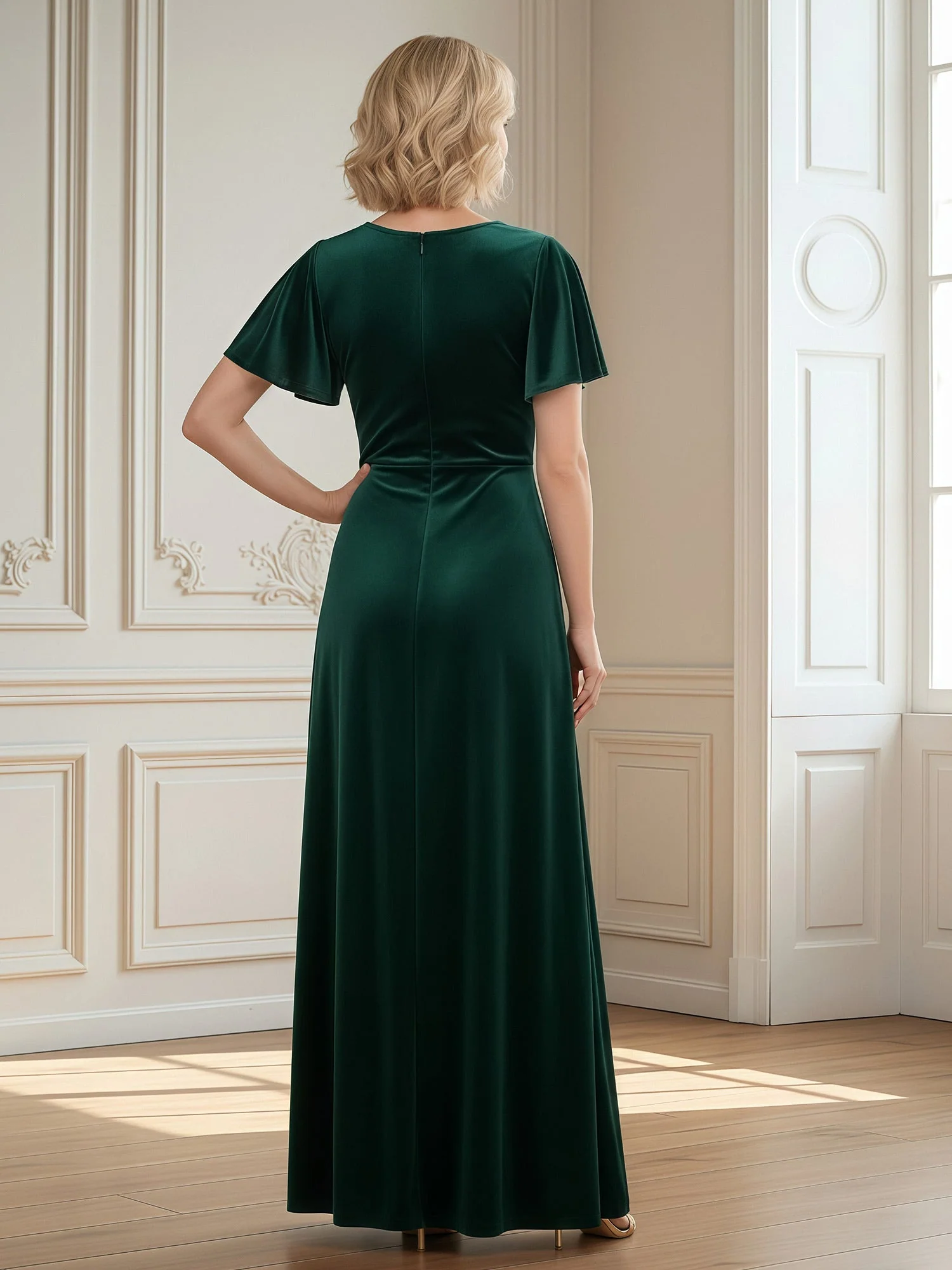 V-neck Flutter Sleeves Velvet Floor-length Dress With Slit Plum - Image 2
