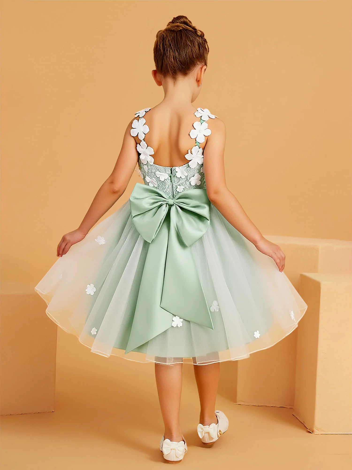 V-Neck Lace Tulle Flower Girl Dress With 3D Floral Dusty Sage - Image 2