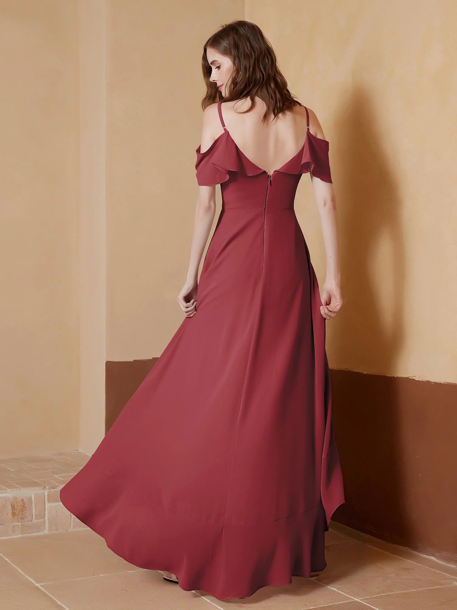 V-neck Off Shoulder Ruffles Asymmetrical Dress Cinnamon Rose - Image 2