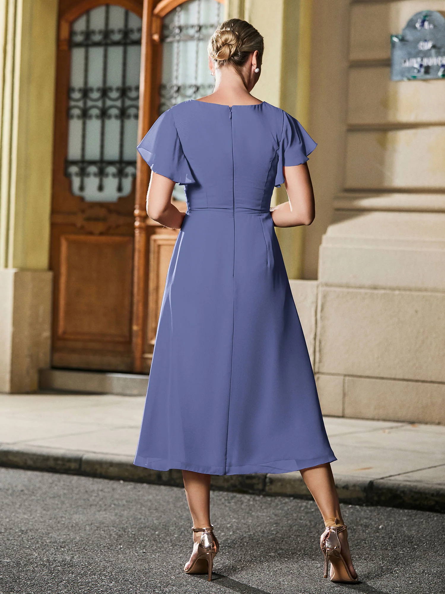 V-neck Pleated A-line Chiffon Tea-length Dress Periwinkle - Image 2