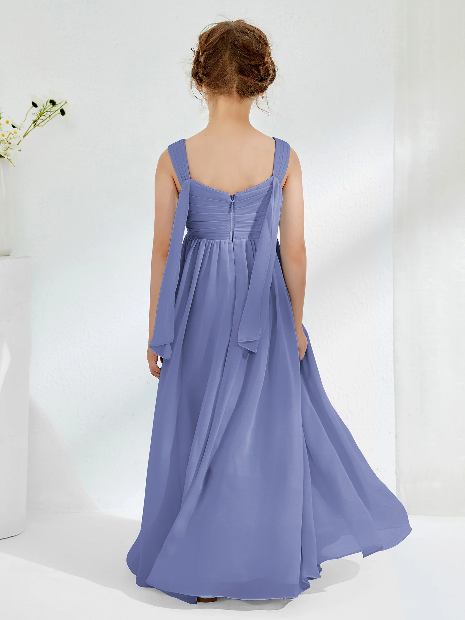 V-neck Pleated A-line Junior Bridesmaid Gowns Periwinkle - Image 2