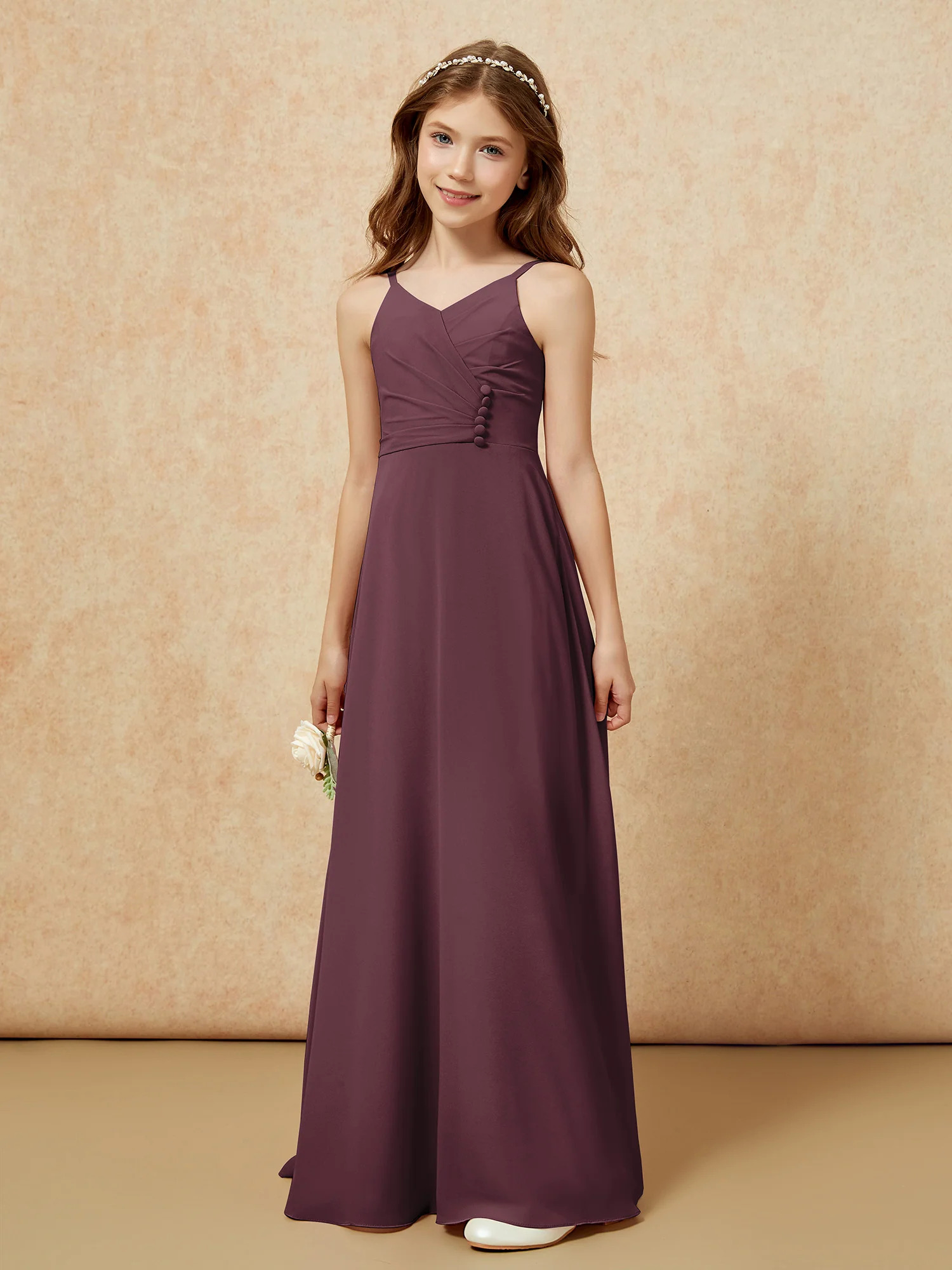 V-neck Pleated Chiffon Long Junior Bridesmaid Dresses Cabernet
