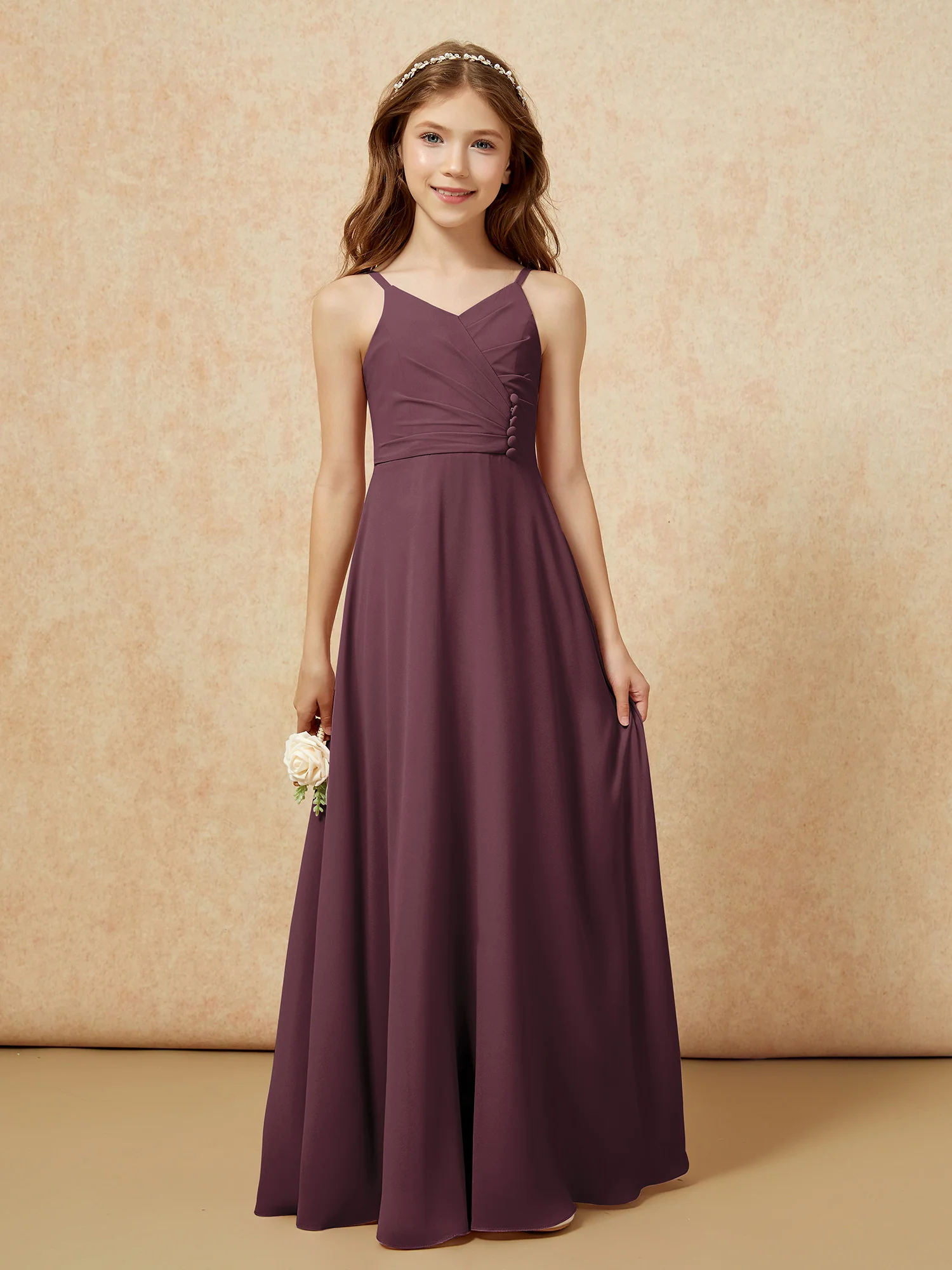 V-neck Pleated Chiffon Long Junior Bridesmaid Dresses Cabernet - Image 6