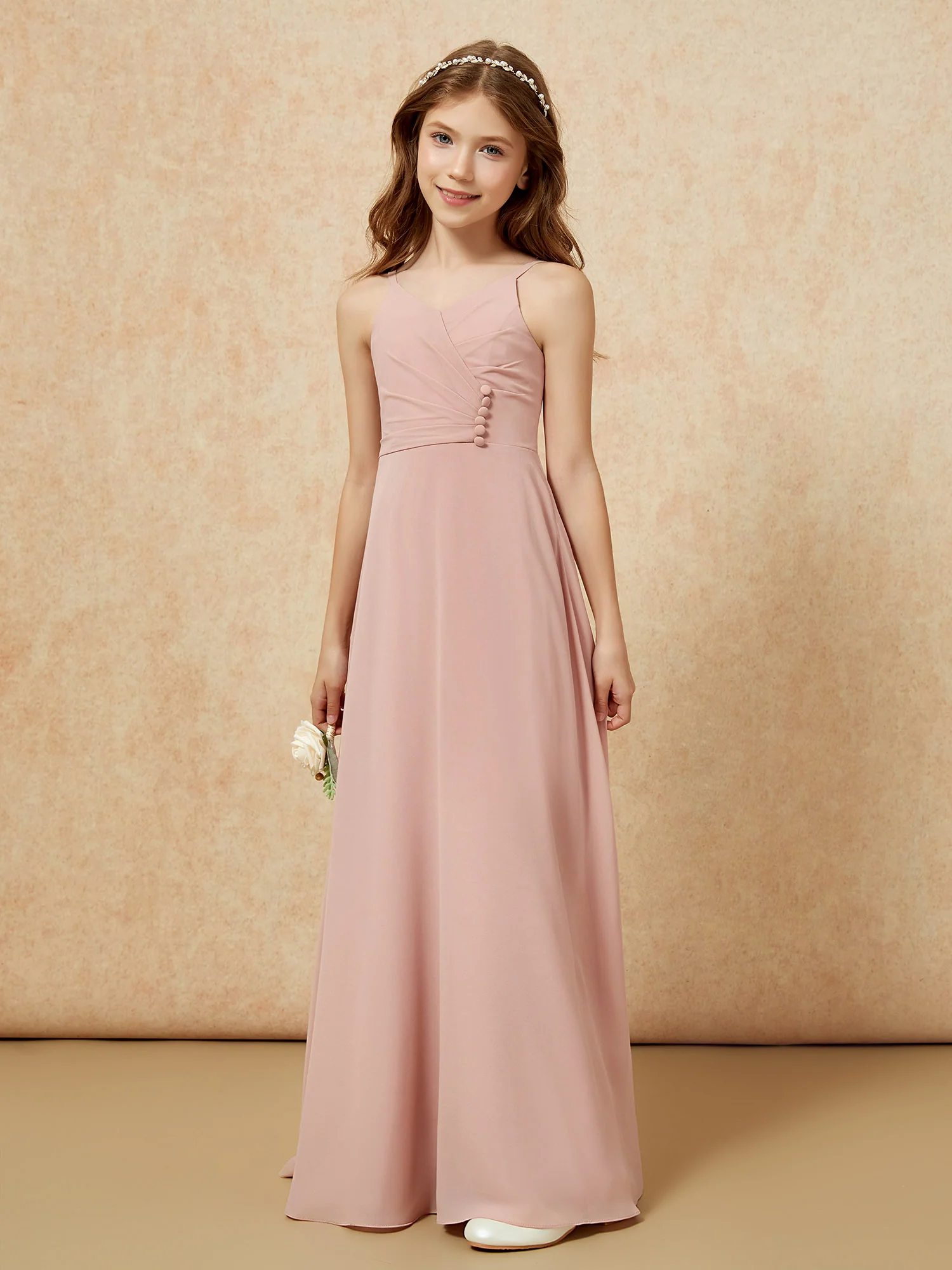V-neck Pleated Chiffon Long Junior Bridesmaid Dresses Dusty Rose