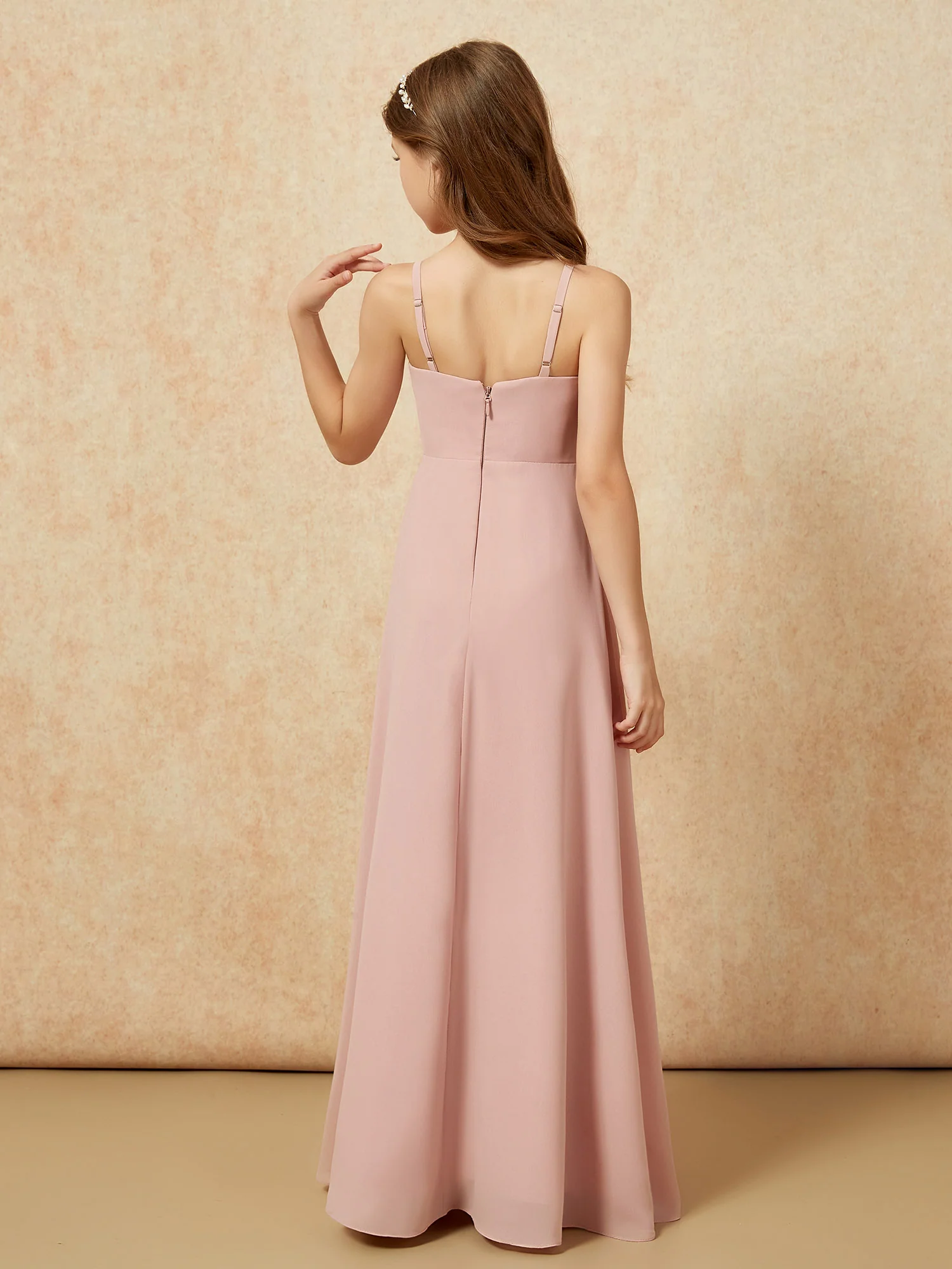 V-neck Pleated Chiffon Long Junior Bridesmaid Dresses Dusty Rose - Image 2