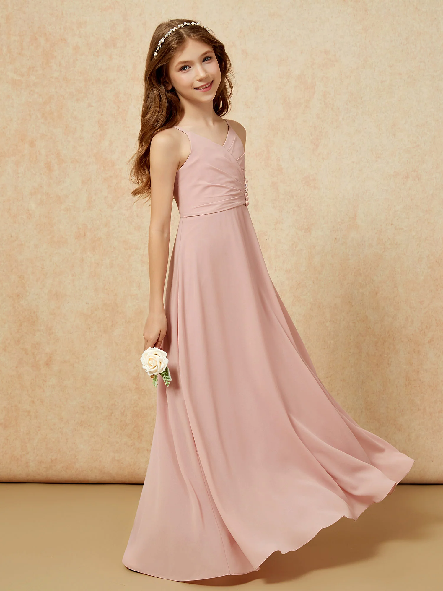 V-neck Pleated Chiffon Long Junior Bridesmaid Dresses Dusty Rose - Image 3