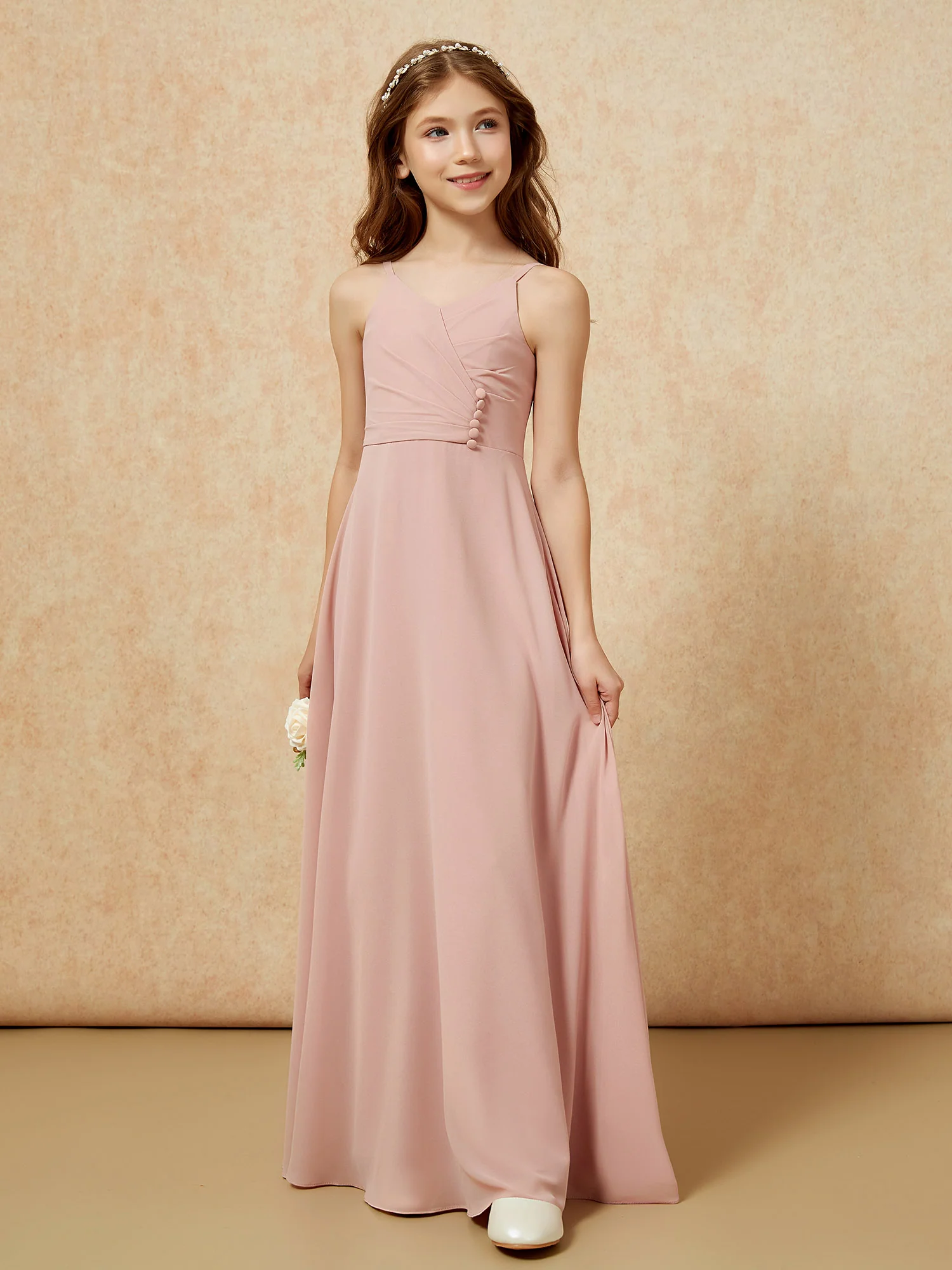 V-neck Pleated Chiffon Long Junior Bridesmaid Dresses Dusty Rose - Image 5