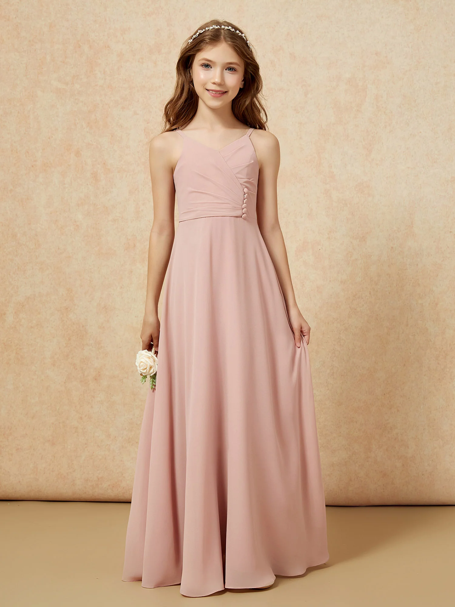 V-neck Pleated Chiffon Long Junior Bridesmaid Dresses Dusty Rose - Image 6