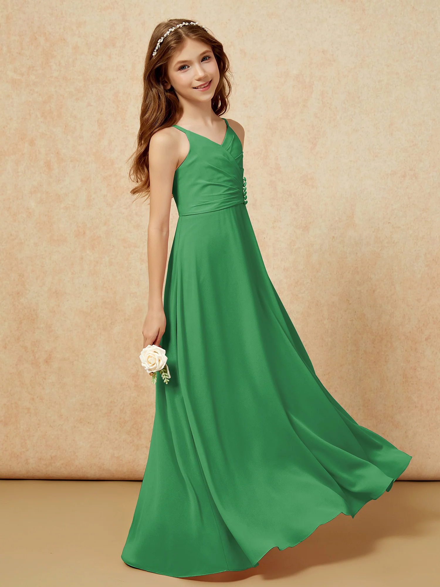 V-neck Pleated Chiffon Long Junior Bridesmaid Dresses Emerald - Image 3