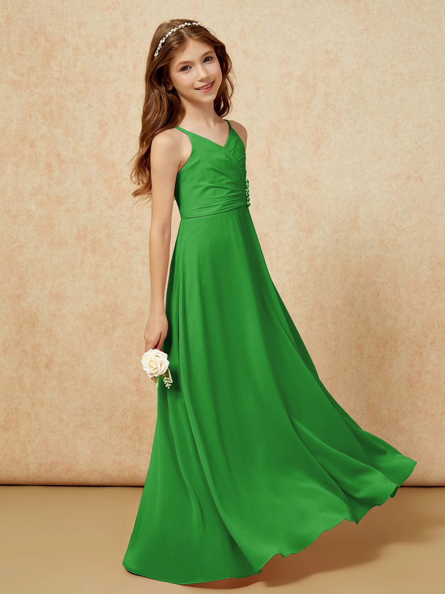 V-neck Pleated Chiffon Long Junior Bridesmaid Dresses Green - Image 3