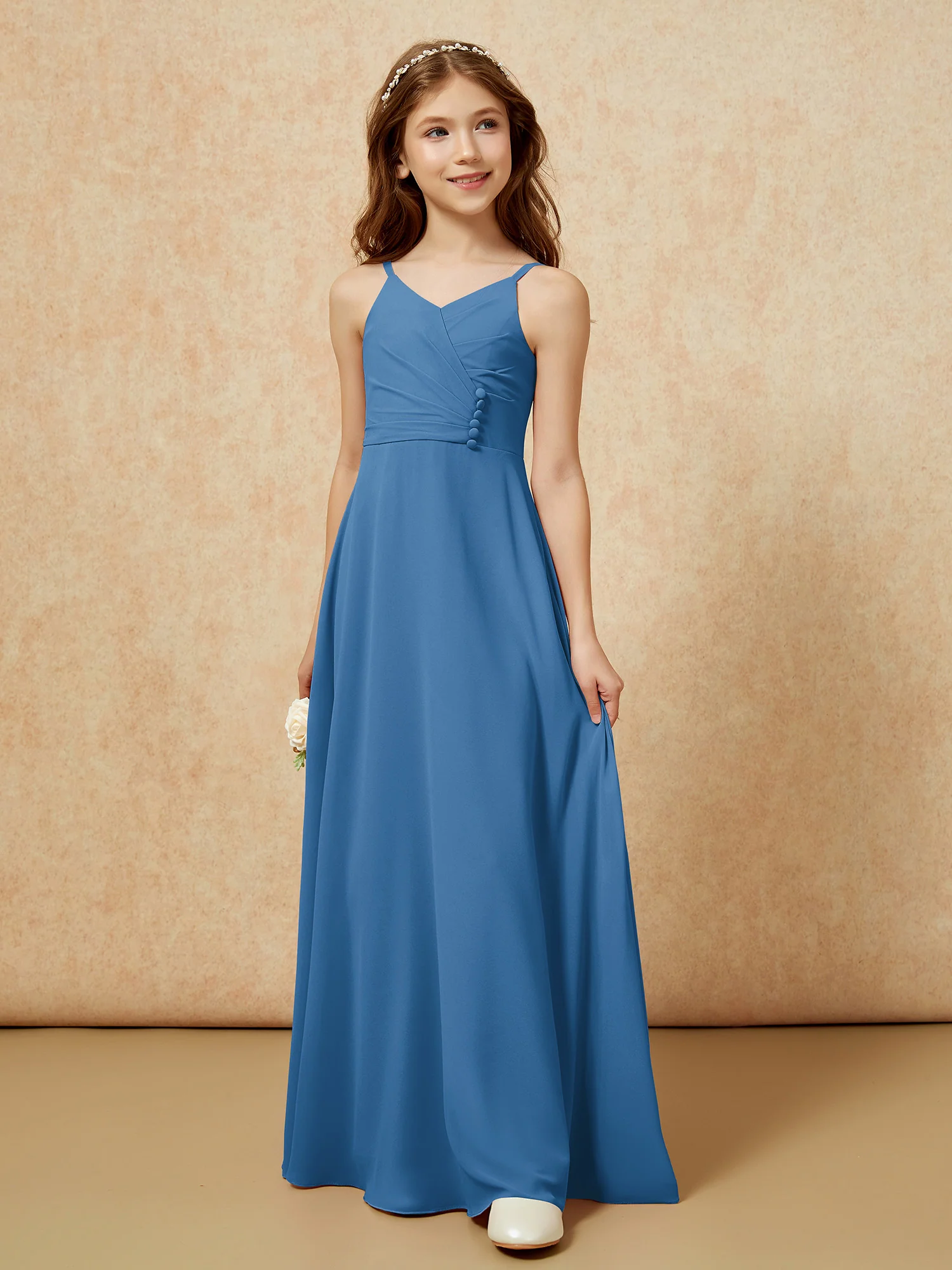 V-neck Pleated Chiffon Long Junior Bridesmaid Dresses Ink Blue - Image 5
