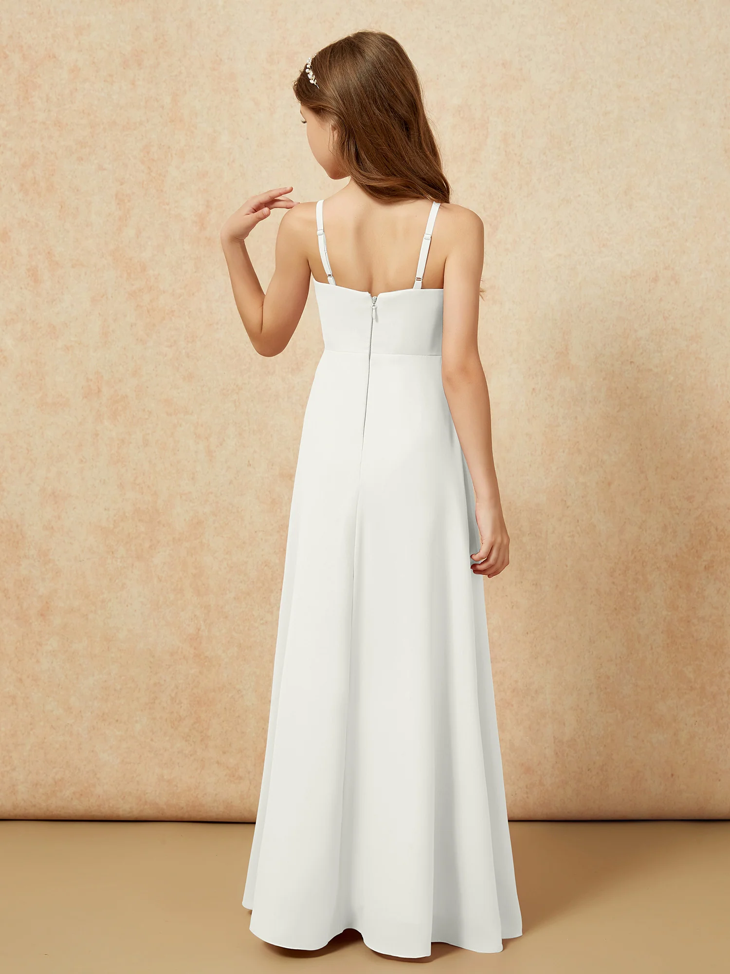 V-neck Pleated Chiffon Long Junior Bridesmaid Dresses Ivory - Image 2