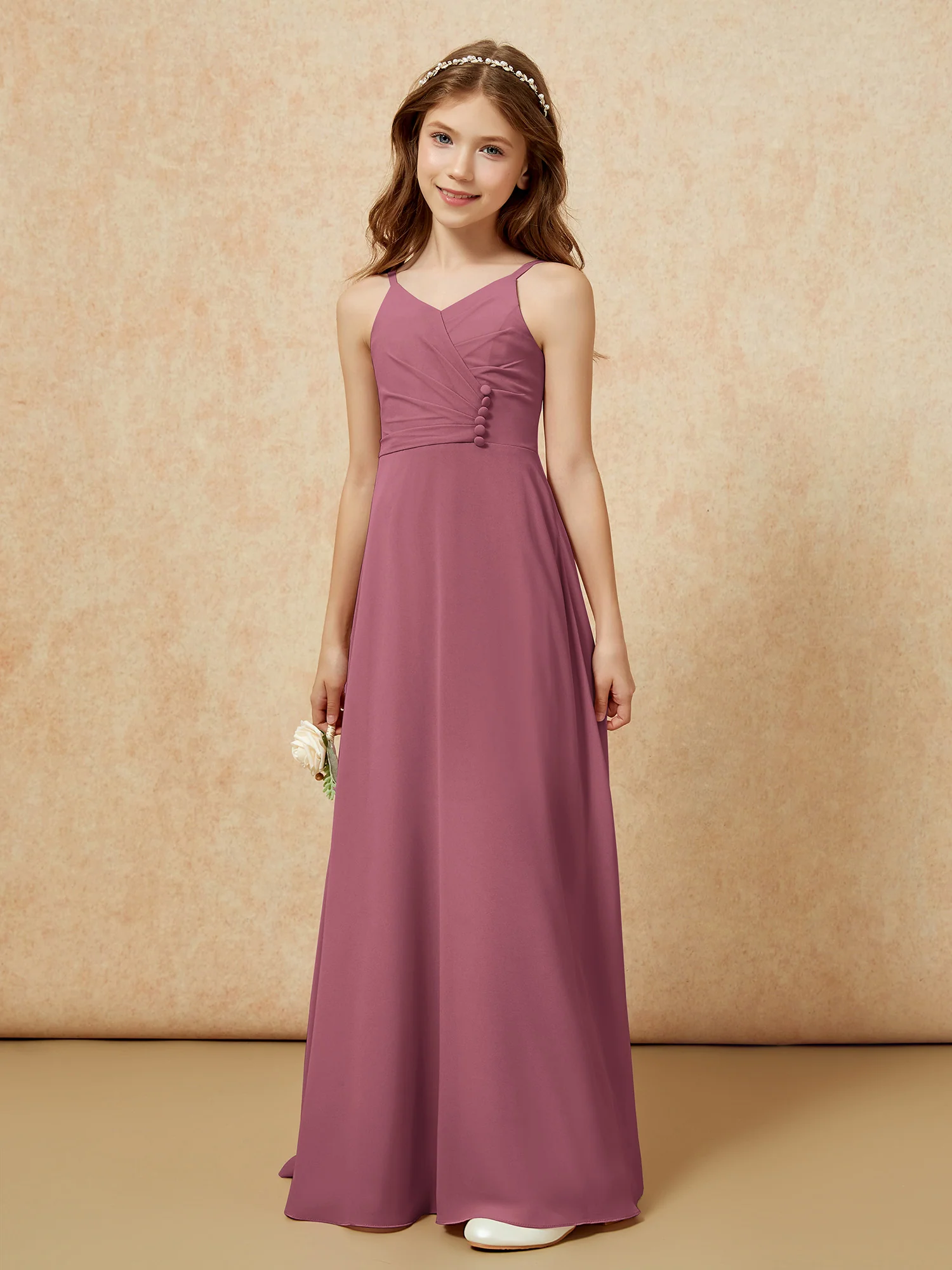 V-neck Pleated Chiffon Long Junior Bridesmaid Dresses Mulberry