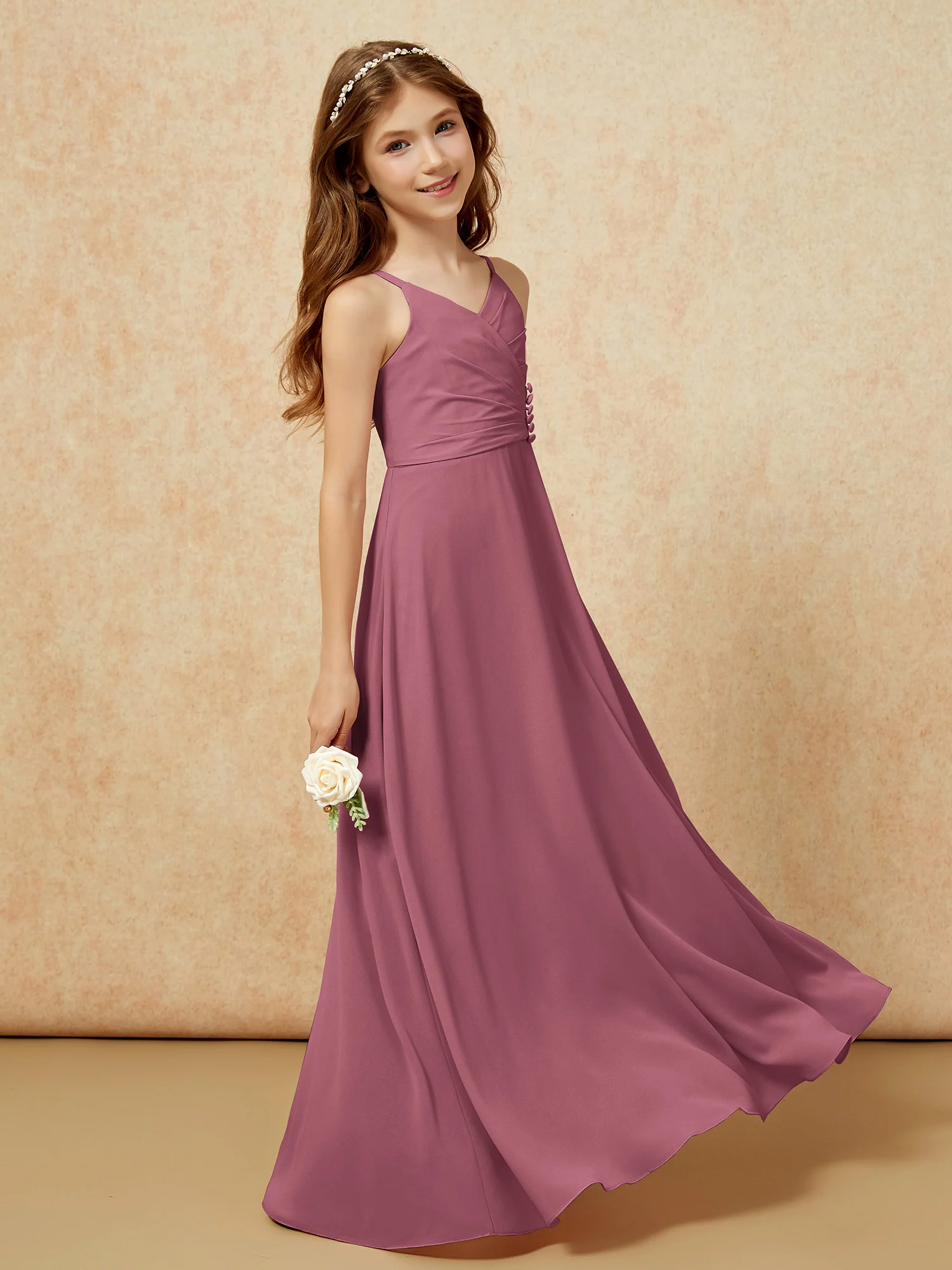 V-neck Pleated Chiffon Long Junior Bridesmaid Dresses Mulberry - Image 3