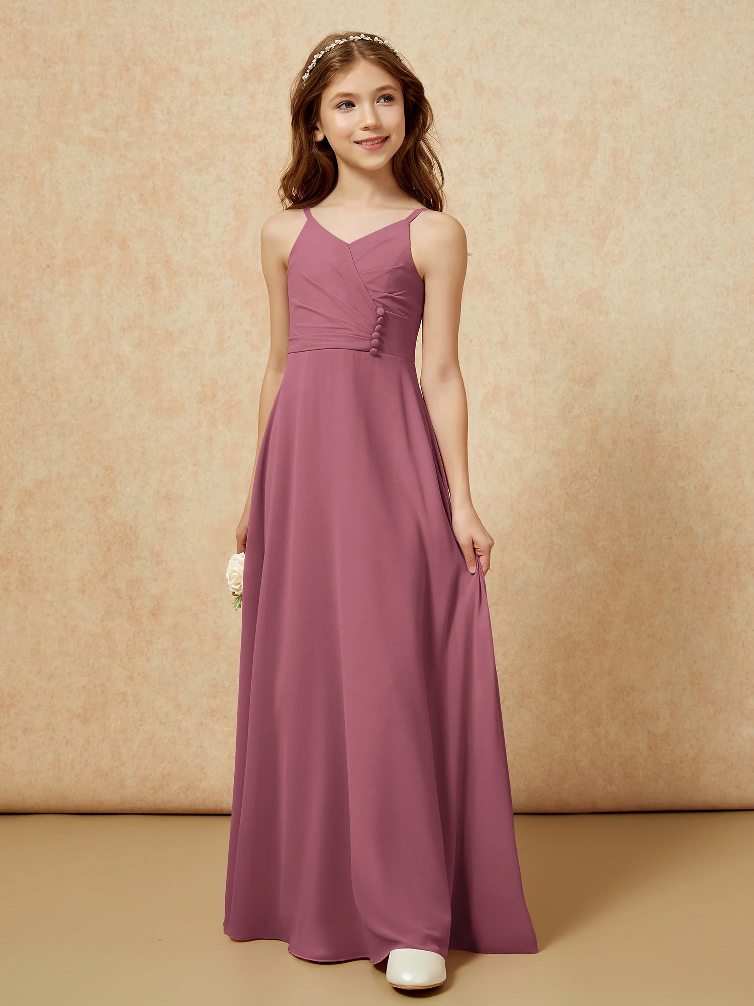 V-neck Pleated Chiffon Long Junior Bridesmaid Dresses Mulberry - Image 5