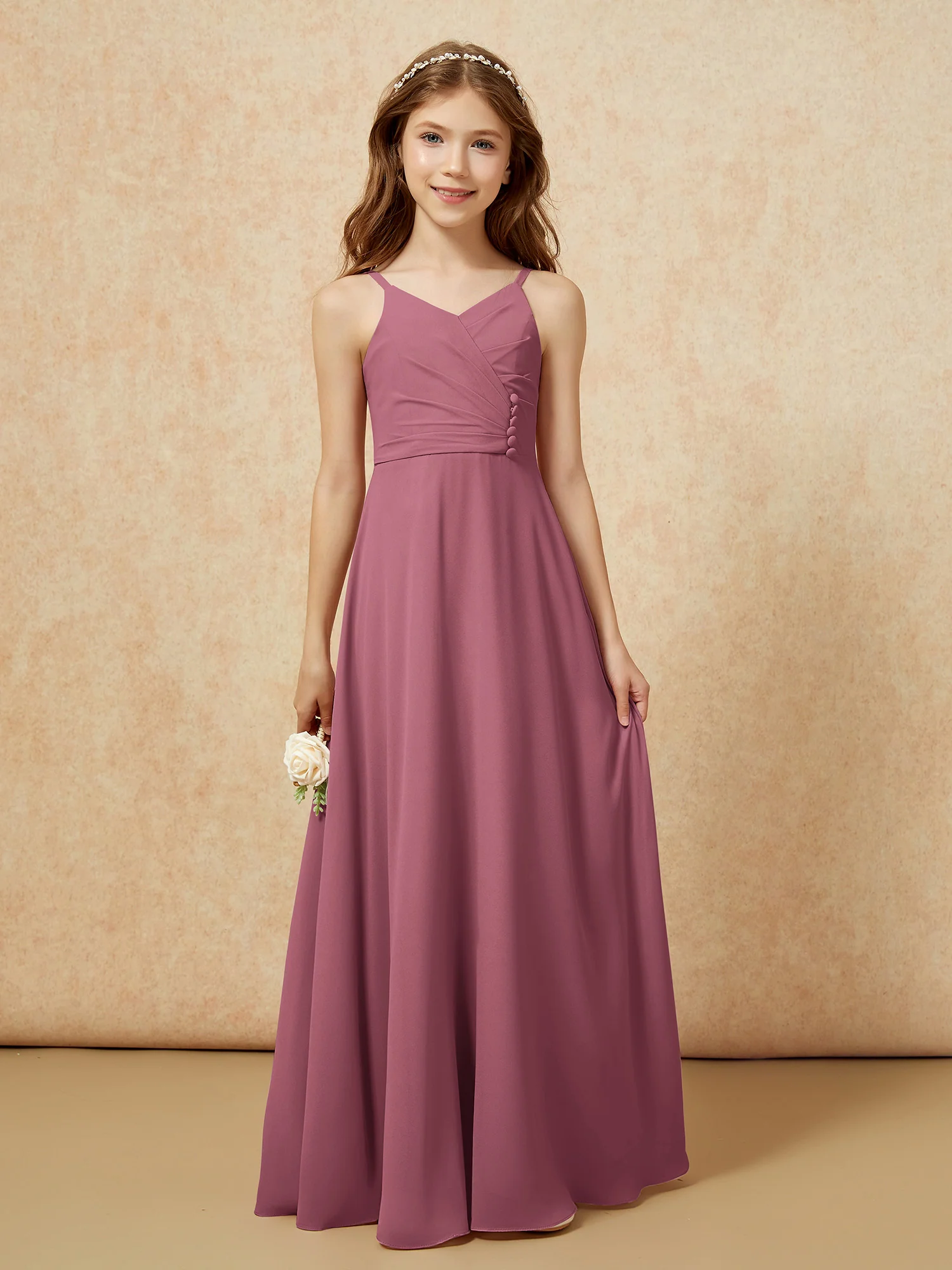 V-neck Pleated Chiffon Long Junior Bridesmaid Dresses Mulberry - Image 6