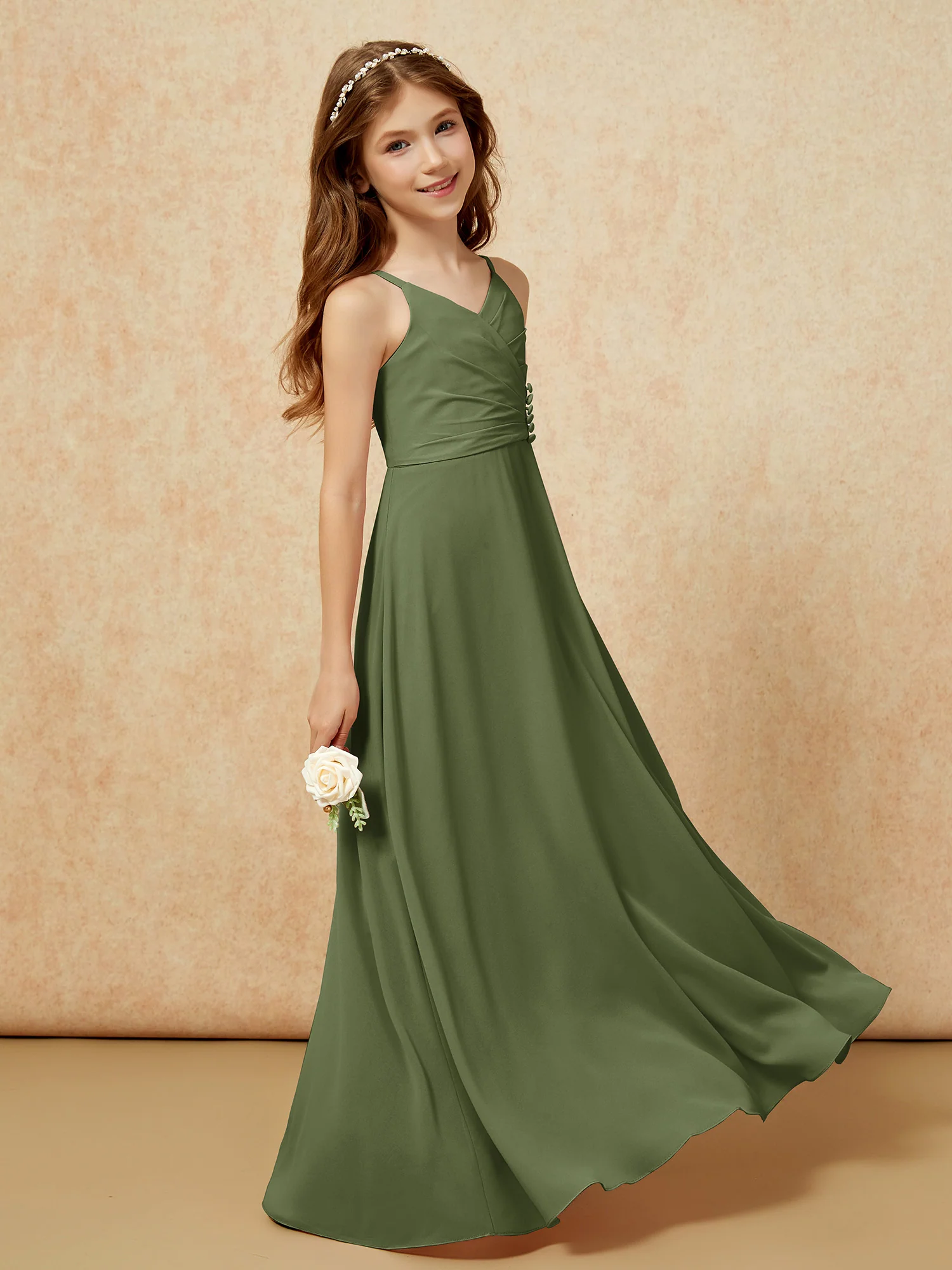 V-neck Pleated Chiffon Long Junior Bridesmaid Dresses Olive Green - Image 3