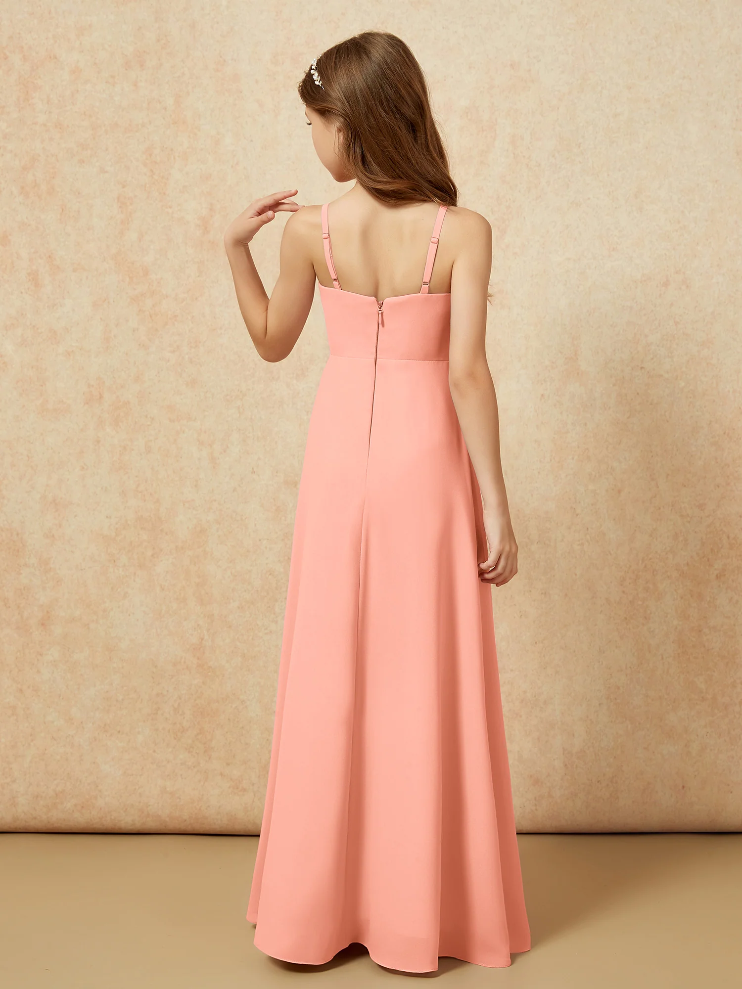 V-neck Pleated Chiffon Long Junior Bridesmaid Dresses Papaya - Image 2