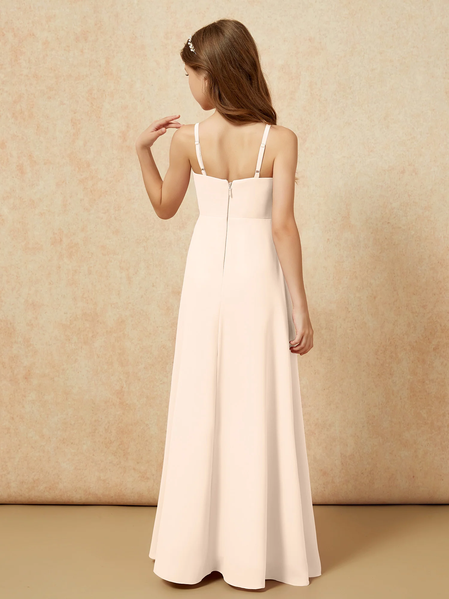 V-neck Pleated Chiffon Long Junior Bridesmaid Dresses Peach - Image 2