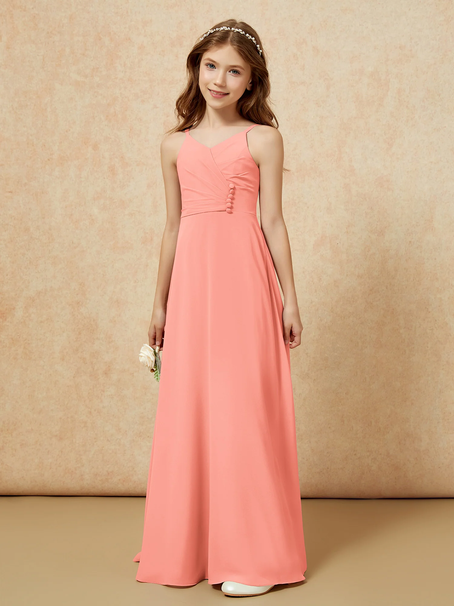 V-neck Pleated Chiffon Long Junior Bridesmaid Dresses Sunset