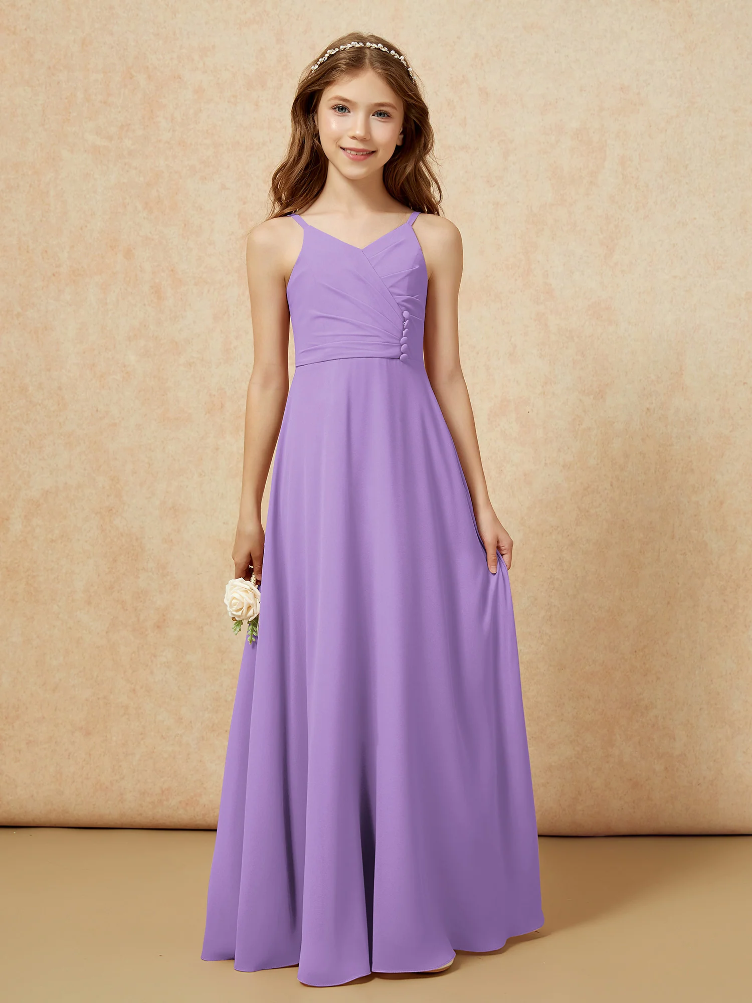 V-neck Pleated Chiffon Long Junior Bridesmaid Dresses Tahiti - Image 6