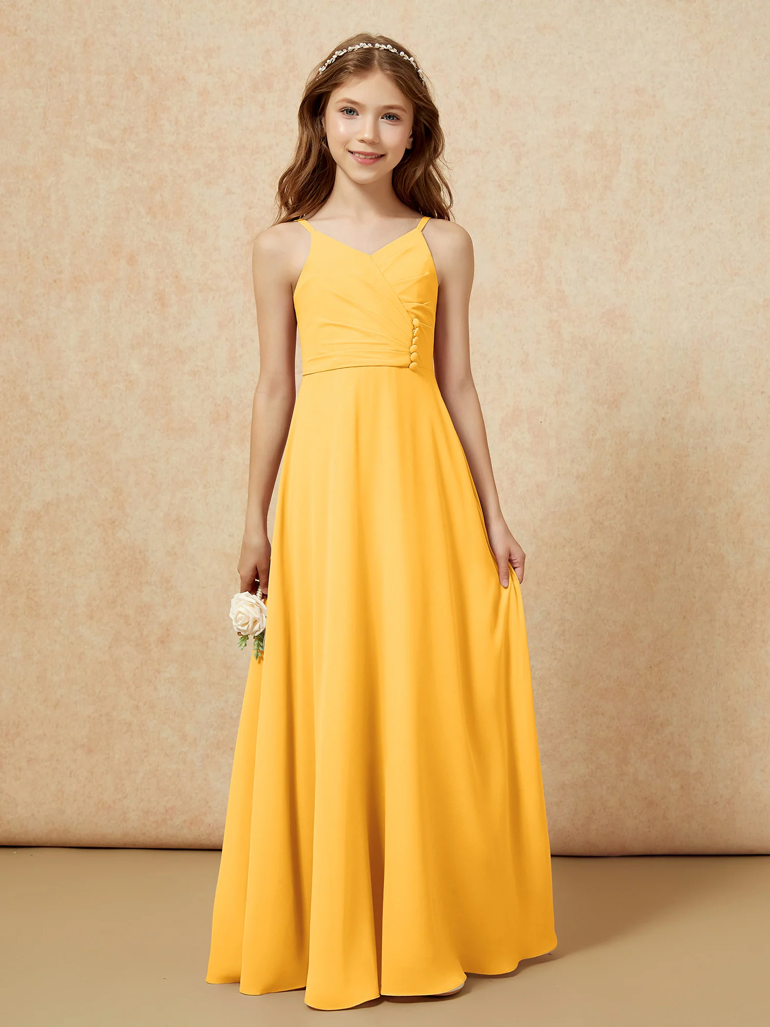 V-neck Pleated Chiffon Long Junior Bridesmaid Dresses Tangerine - Image 6