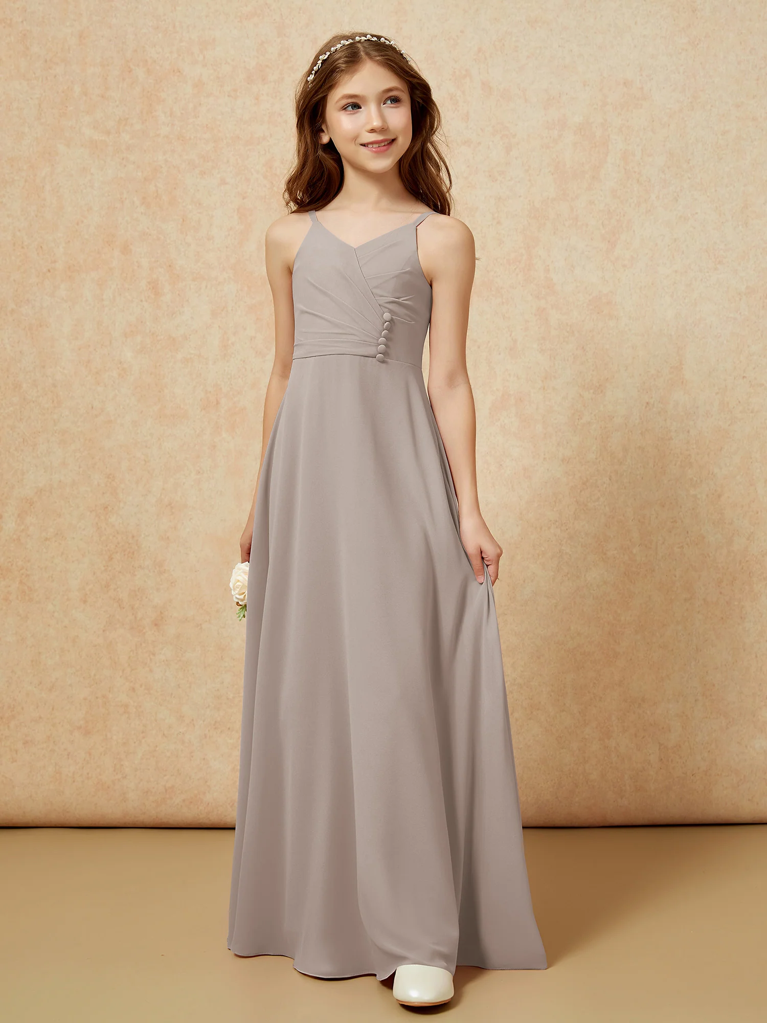 V-neck Pleated Chiffon Long Junior Bridesmaid Dresses Taupe - Image 5