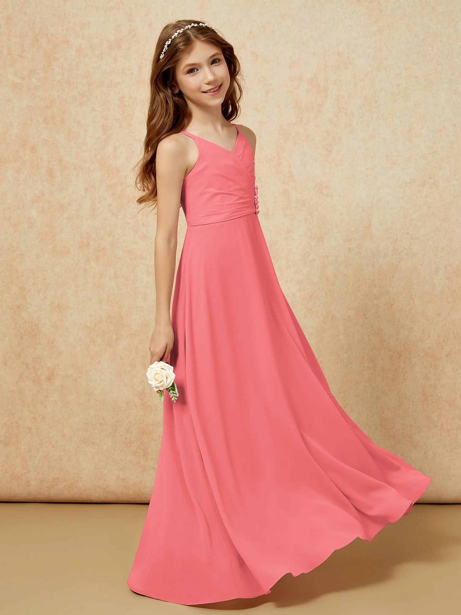 V-neck Pleated Chiffon Long Junior Bridesmaid Dresses Watermelon - Image 3