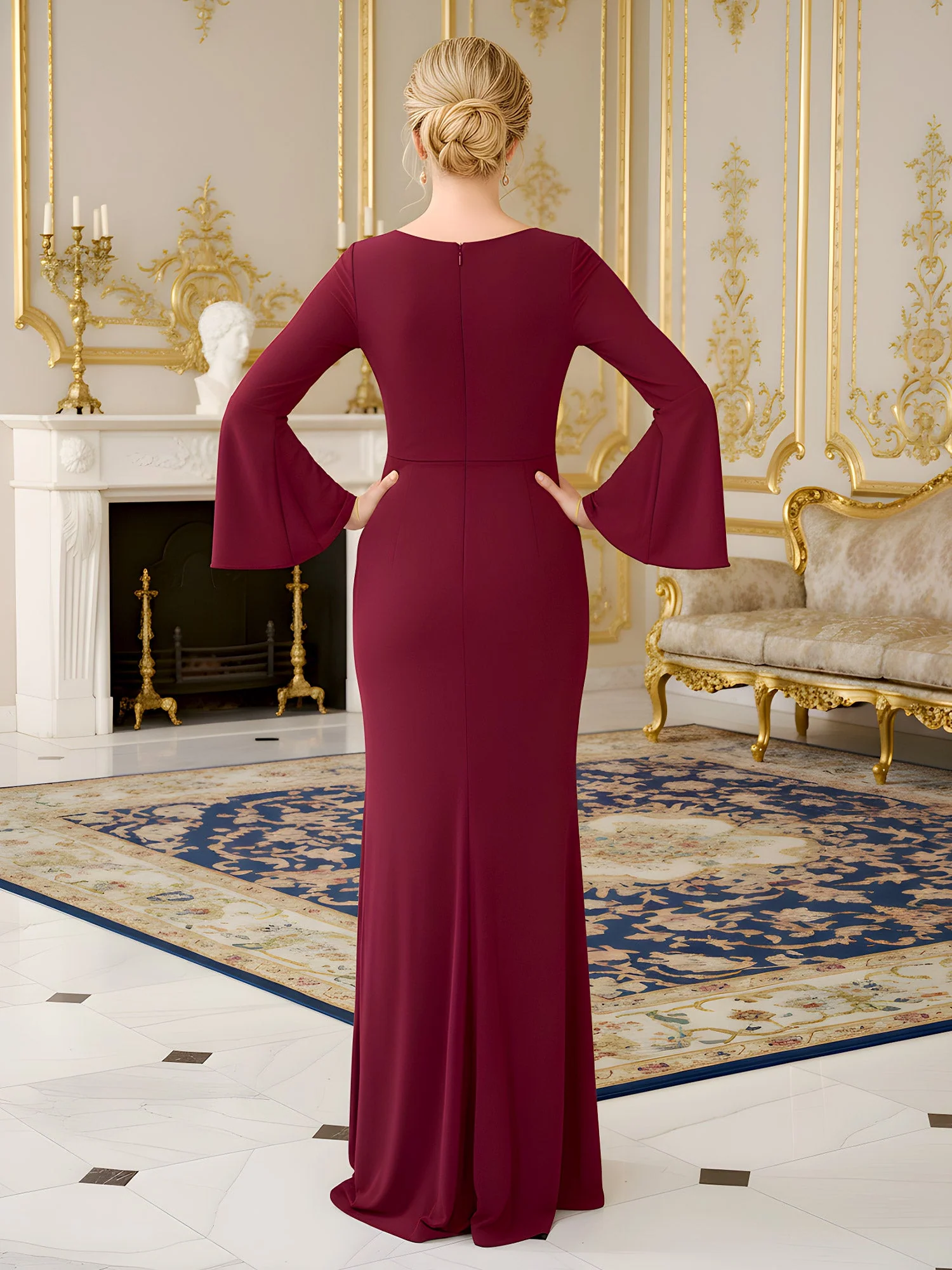 V-neck Pleated Long Flared Sleeves Sheath Dress Royal Blue - Image 2