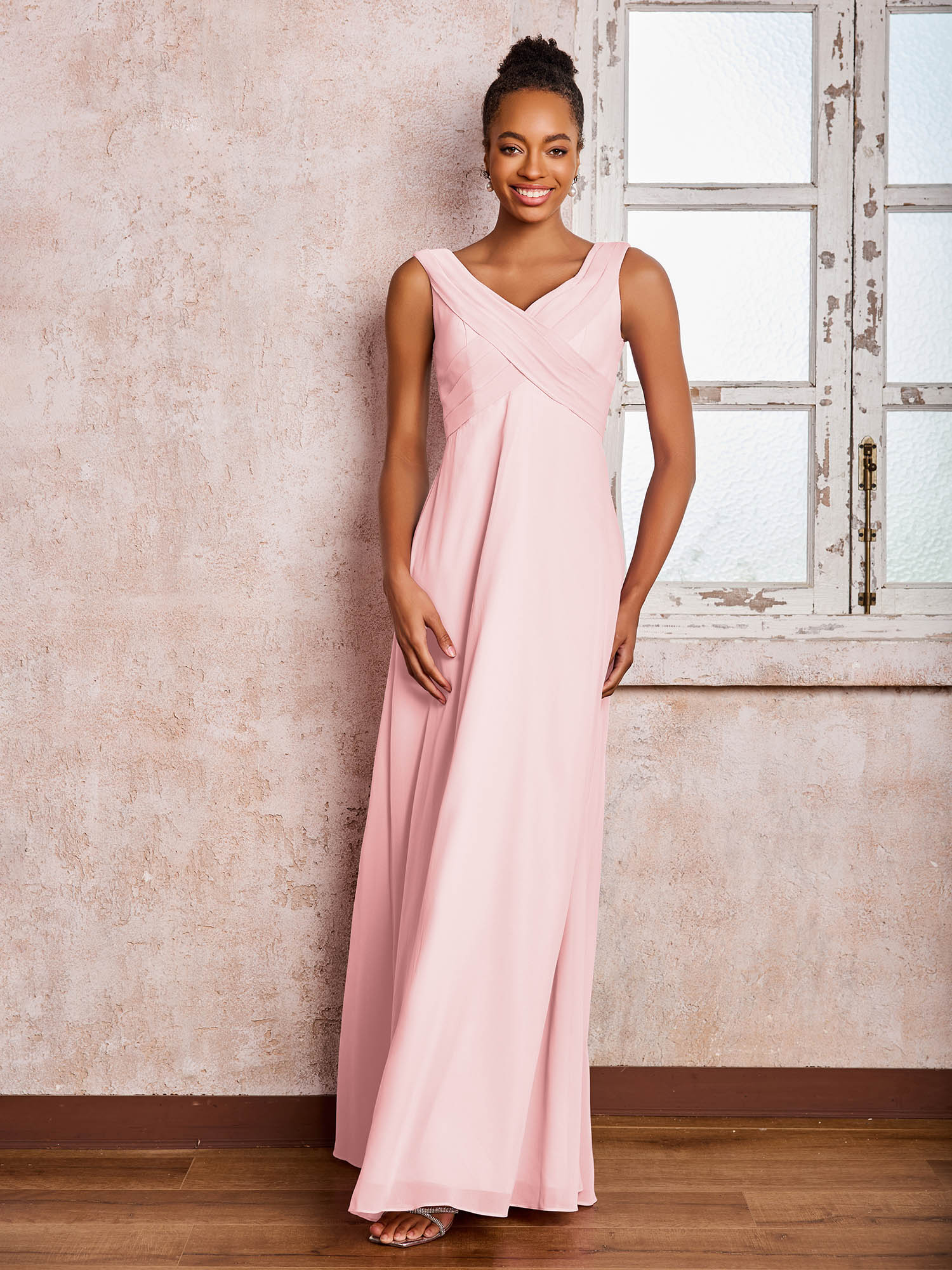 V-neck Pleated Sleeveless A-line Chiffon Dresses Blushing Pink