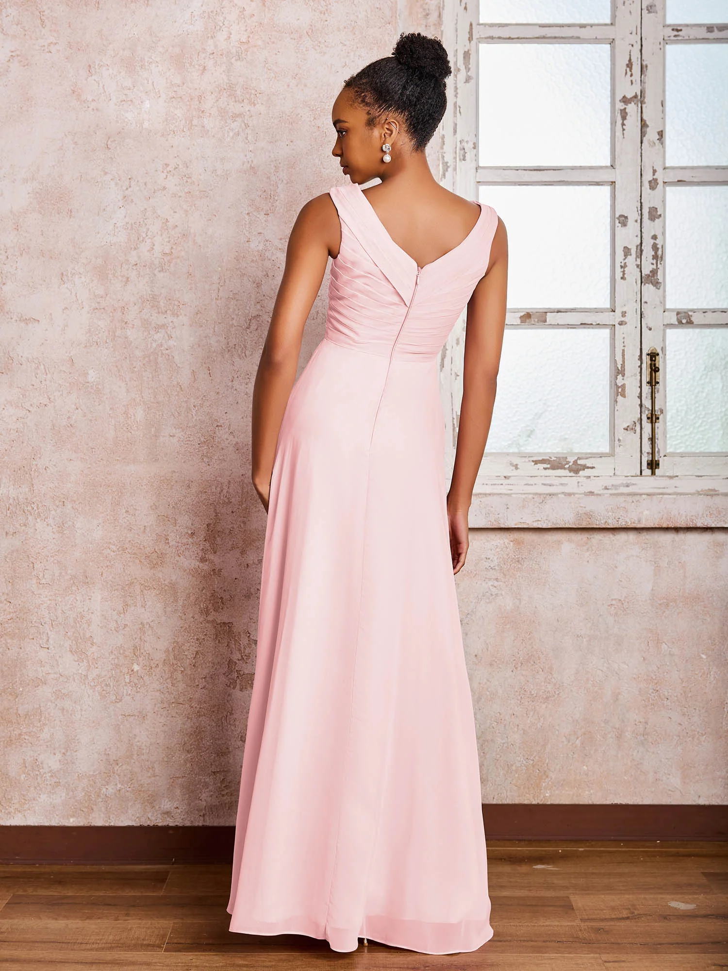V-neck Pleated Sleeveless A-line Chiffon Dresses Blushing Pink - Image 2