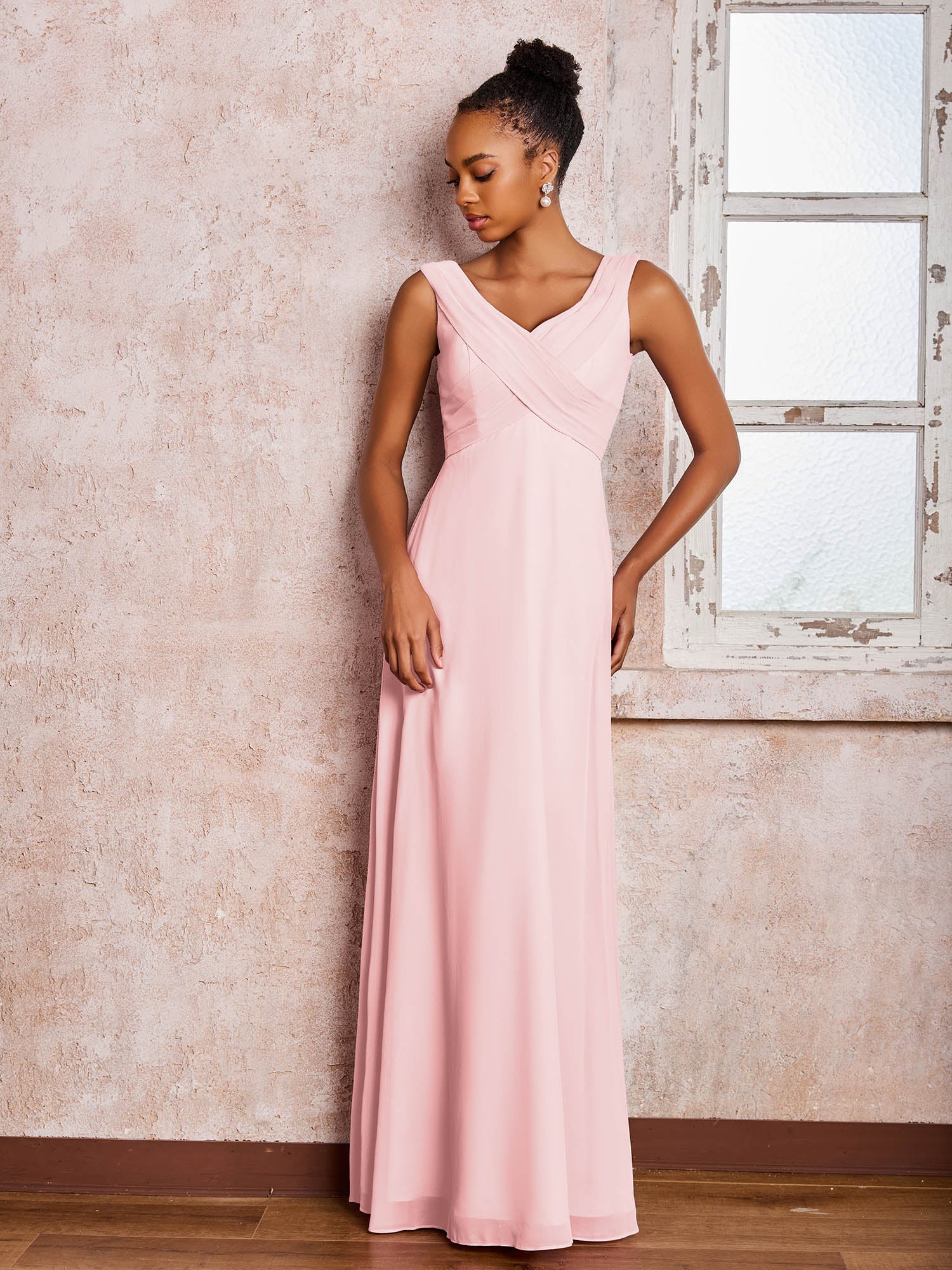 V-neck Pleated Sleeveless A-line Chiffon Dresses Blushing Pink - Image 3