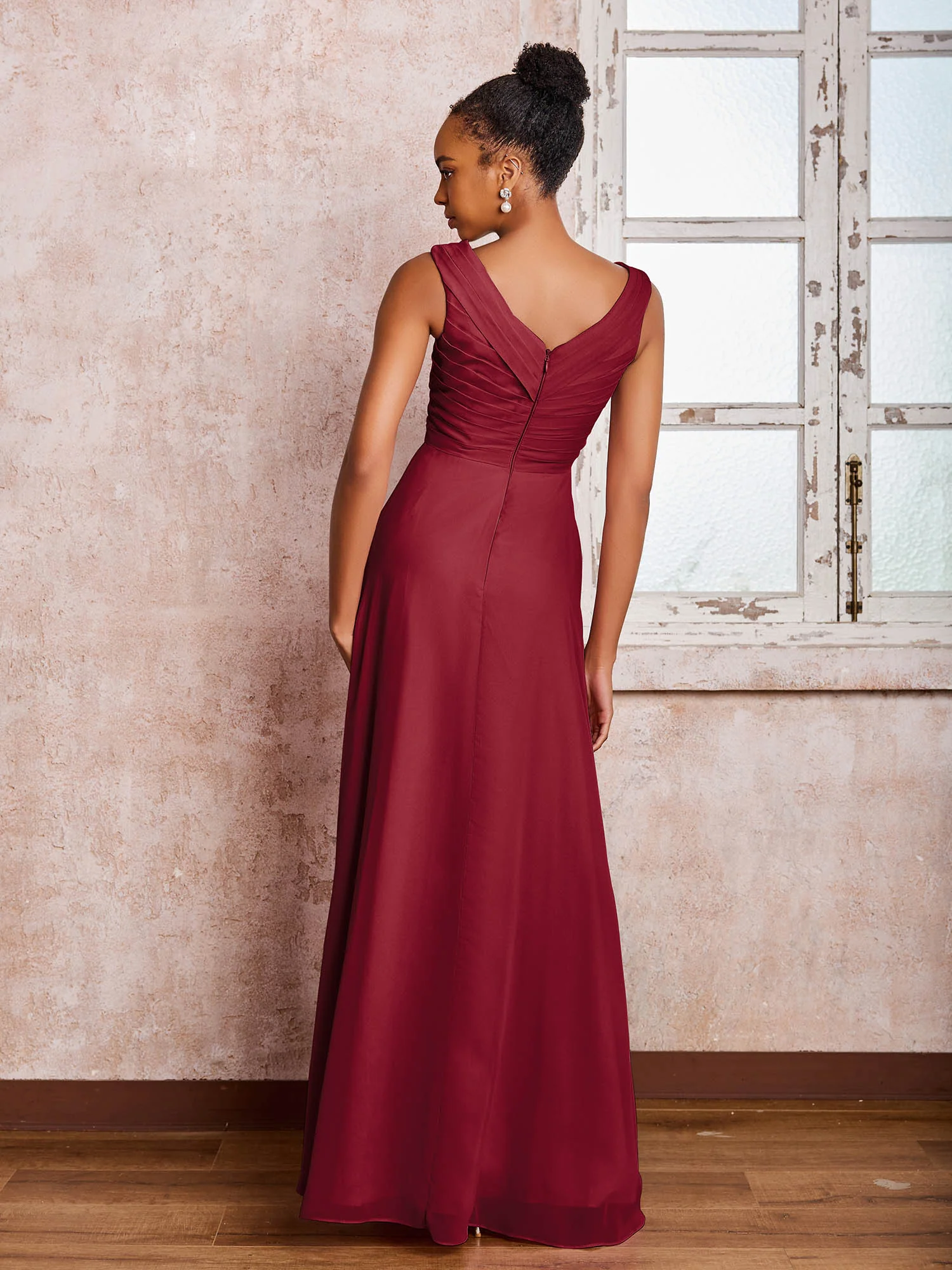 V-neck Pleated Sleeveless A-line Chiffon Dresses Burgundy - Image 2