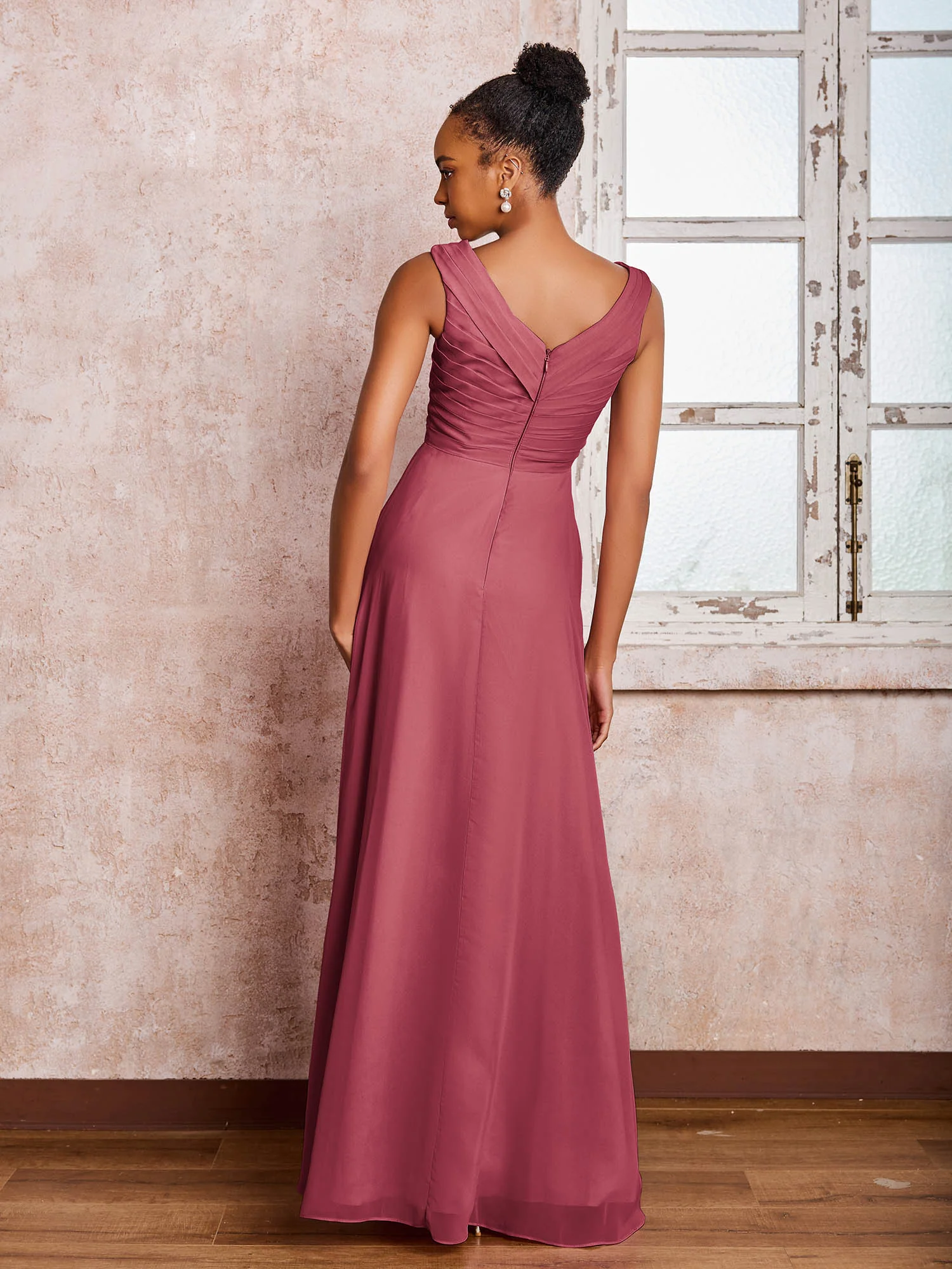 V-neck Pleated Sleeveless A-line Chiffon Dresses Cinnamon Rose - Image 2