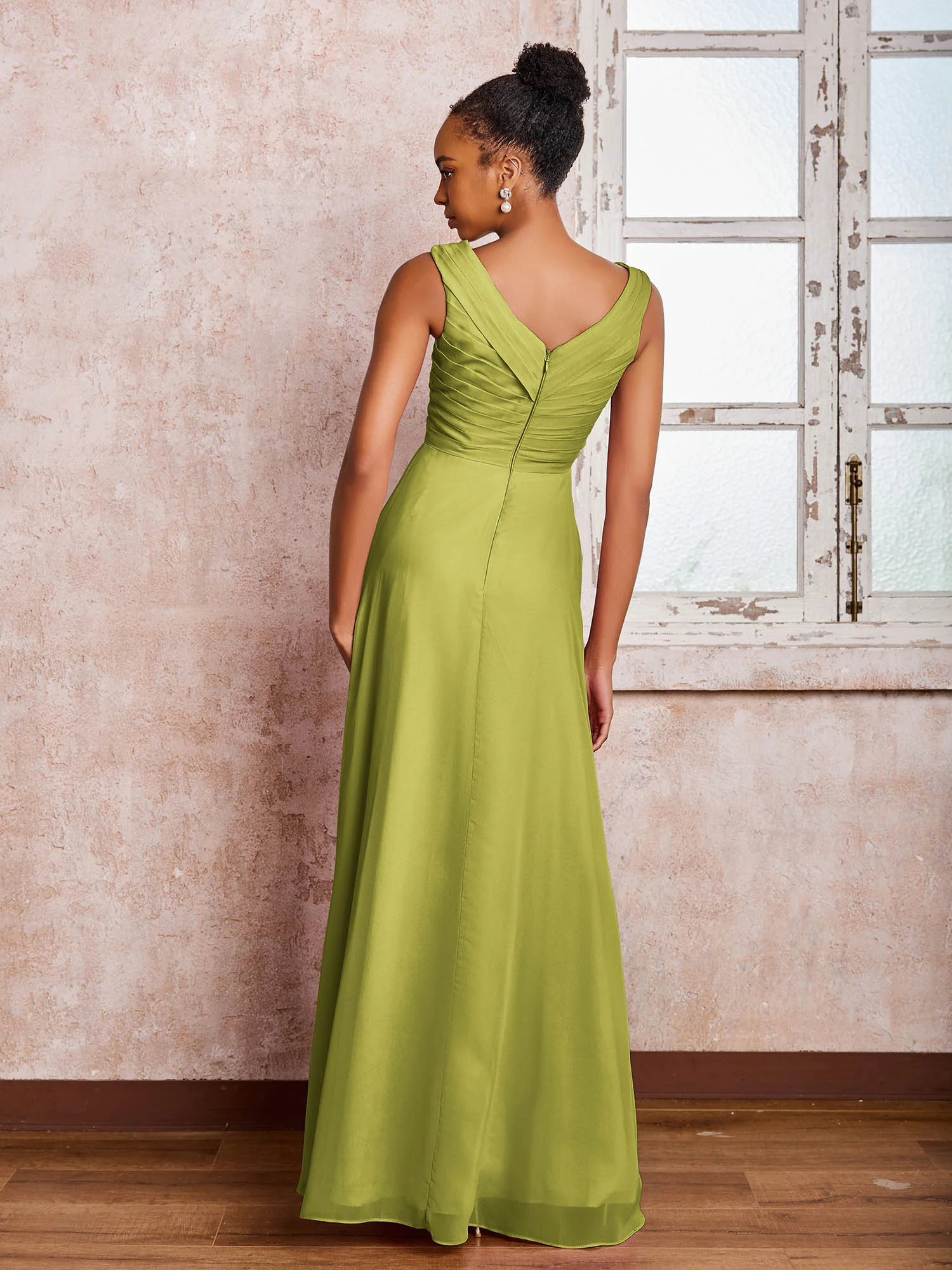V-neck Pleated Sleeveless A-line Chiffon Dresses Clover - Image 2