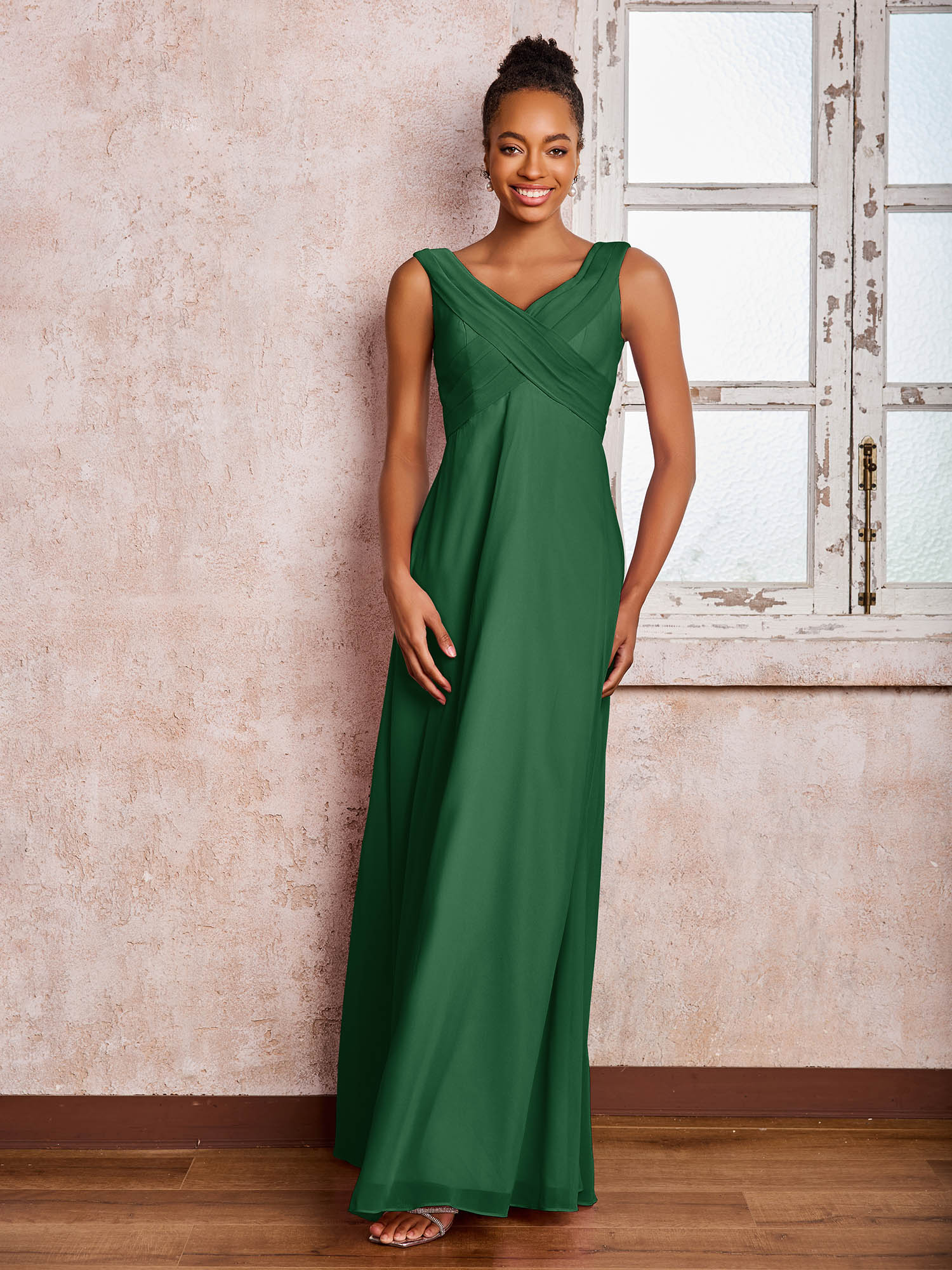 V-neck Pleated Sleeveless A-line Chiffon Dresses Dark Green