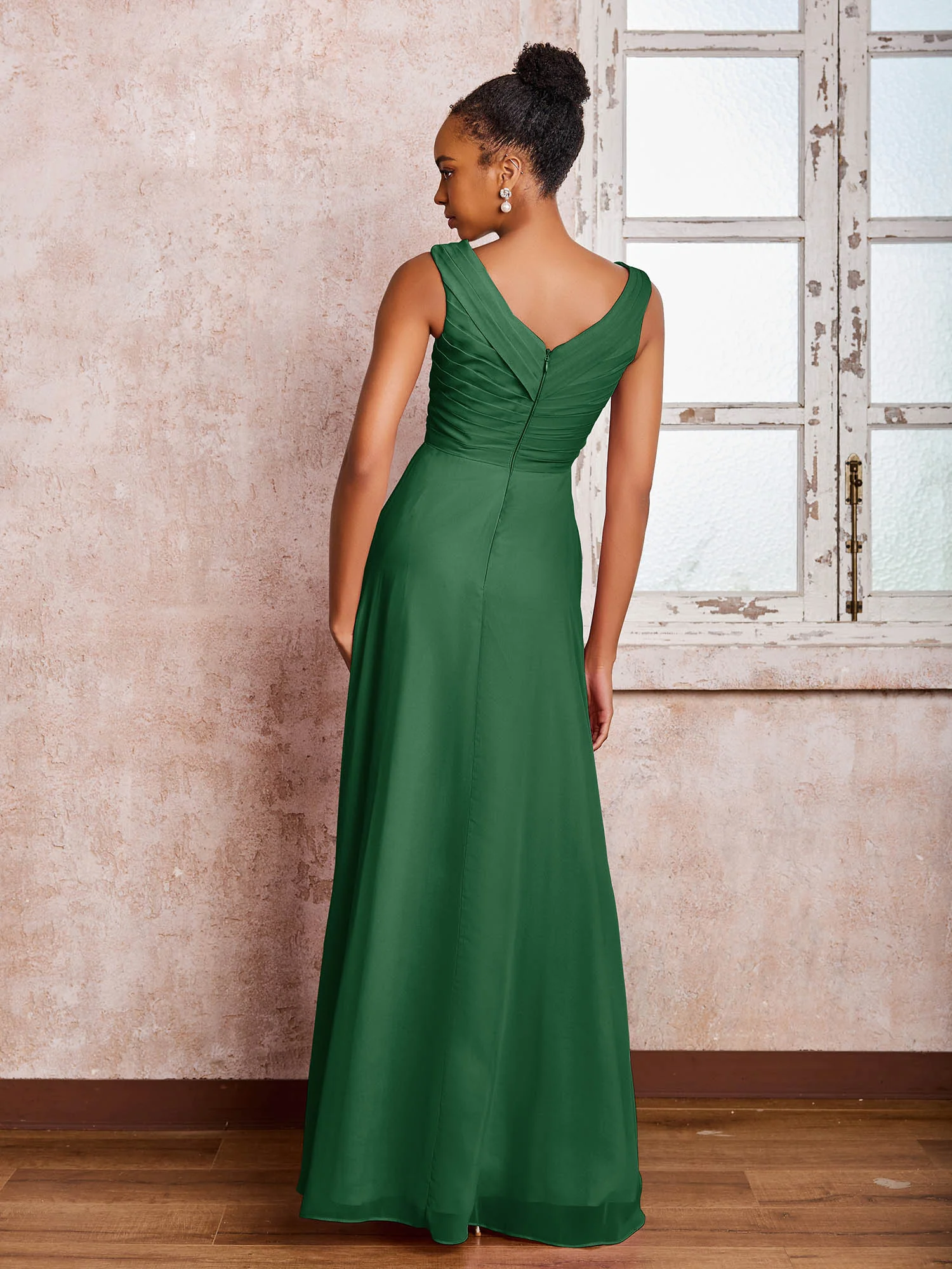 V-neck Pleated Sleeveless A-line Chiffon Dresses Dark Green - Image 2