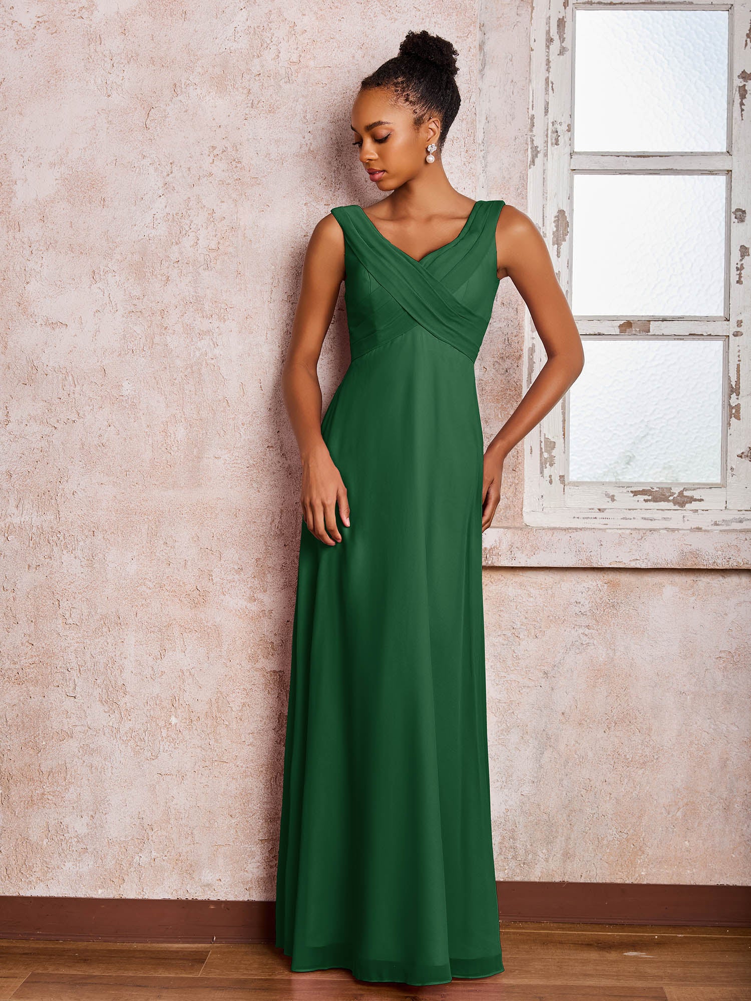 V-neck Pleated Sleeveless A-line Chiffon Dresses Dark Green - Image 3