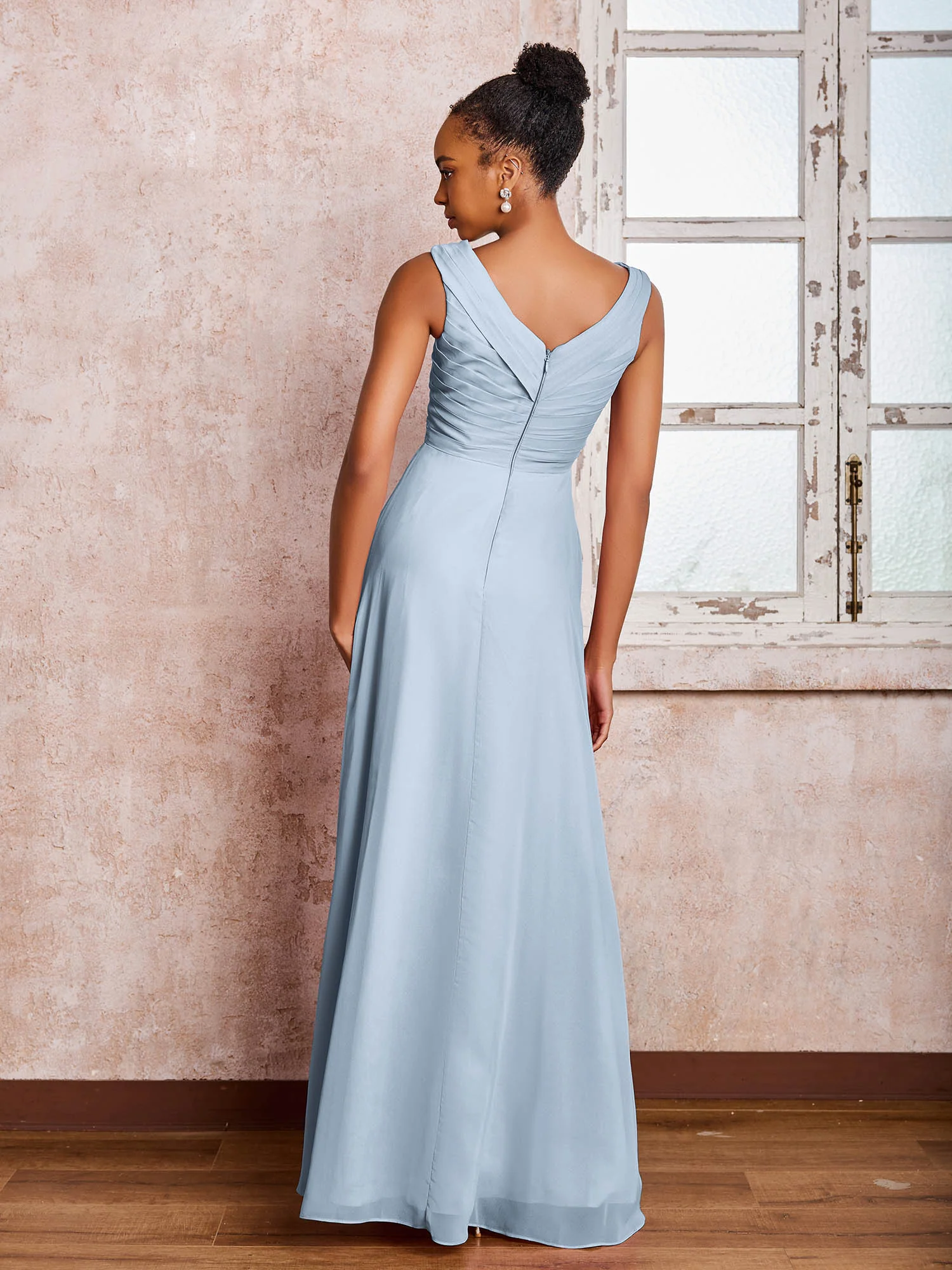 V-neck Pleated Sleeveless A-line Chiffon Dresses Dusty Blue - Image 2