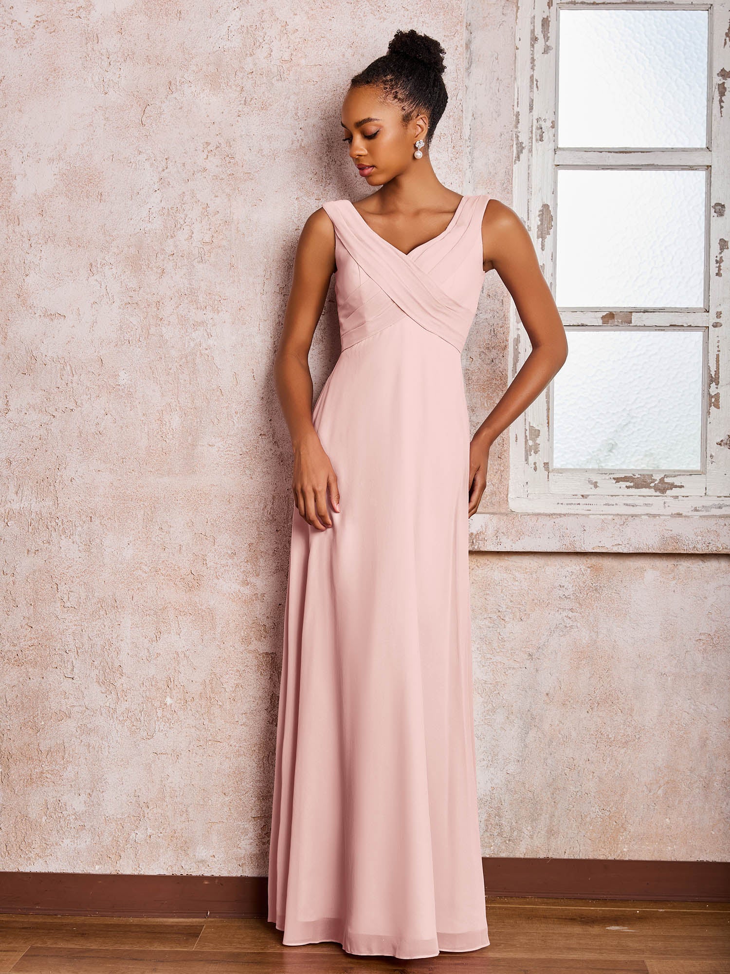 V-neck Pleated Sleeveless A-line Chiffon Dresses Dusty Rose - Image 3
