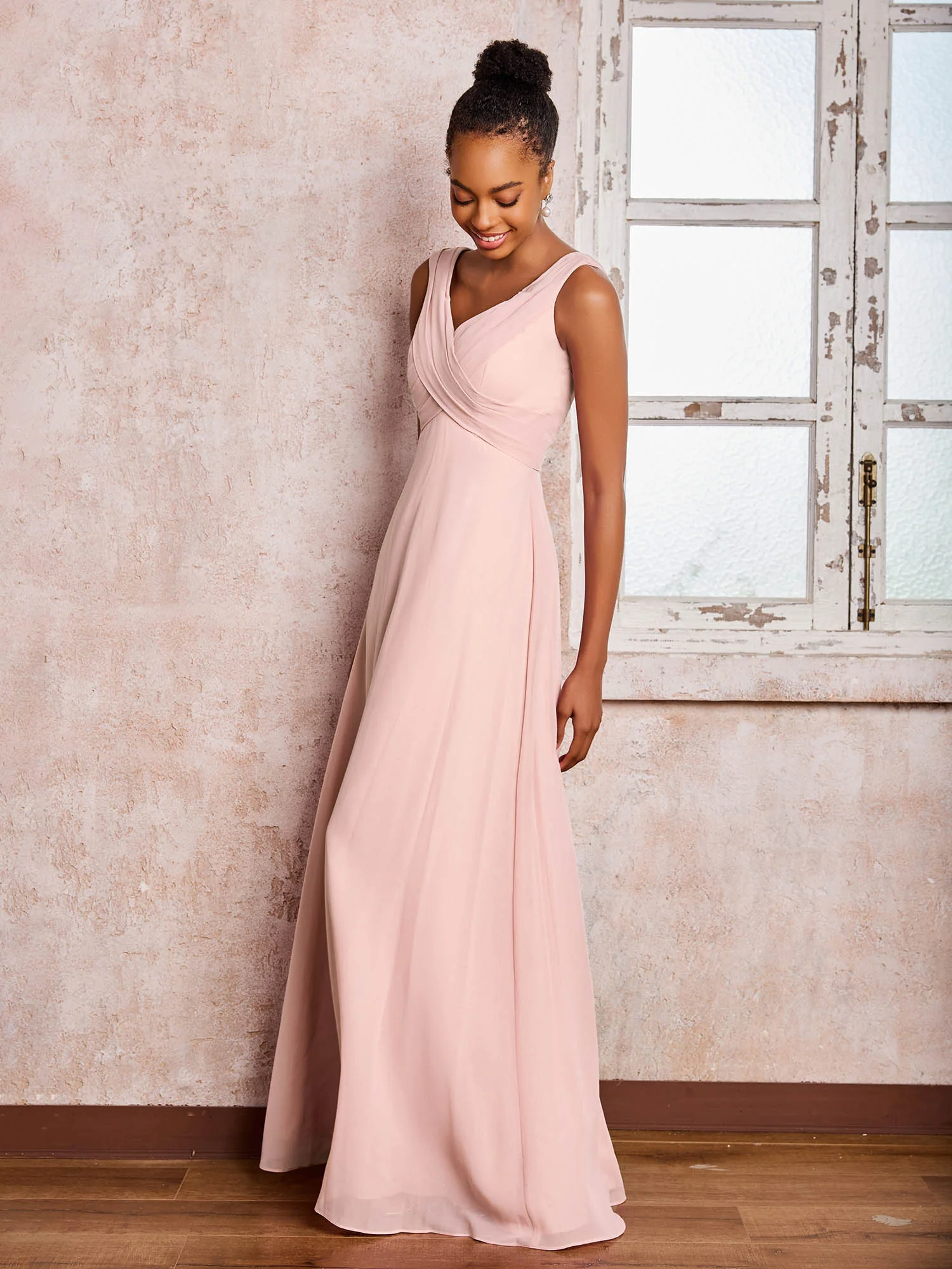 V-neck Pleated Sleeveless A-line Chiffon Dresses Dusty Rose - Image 4