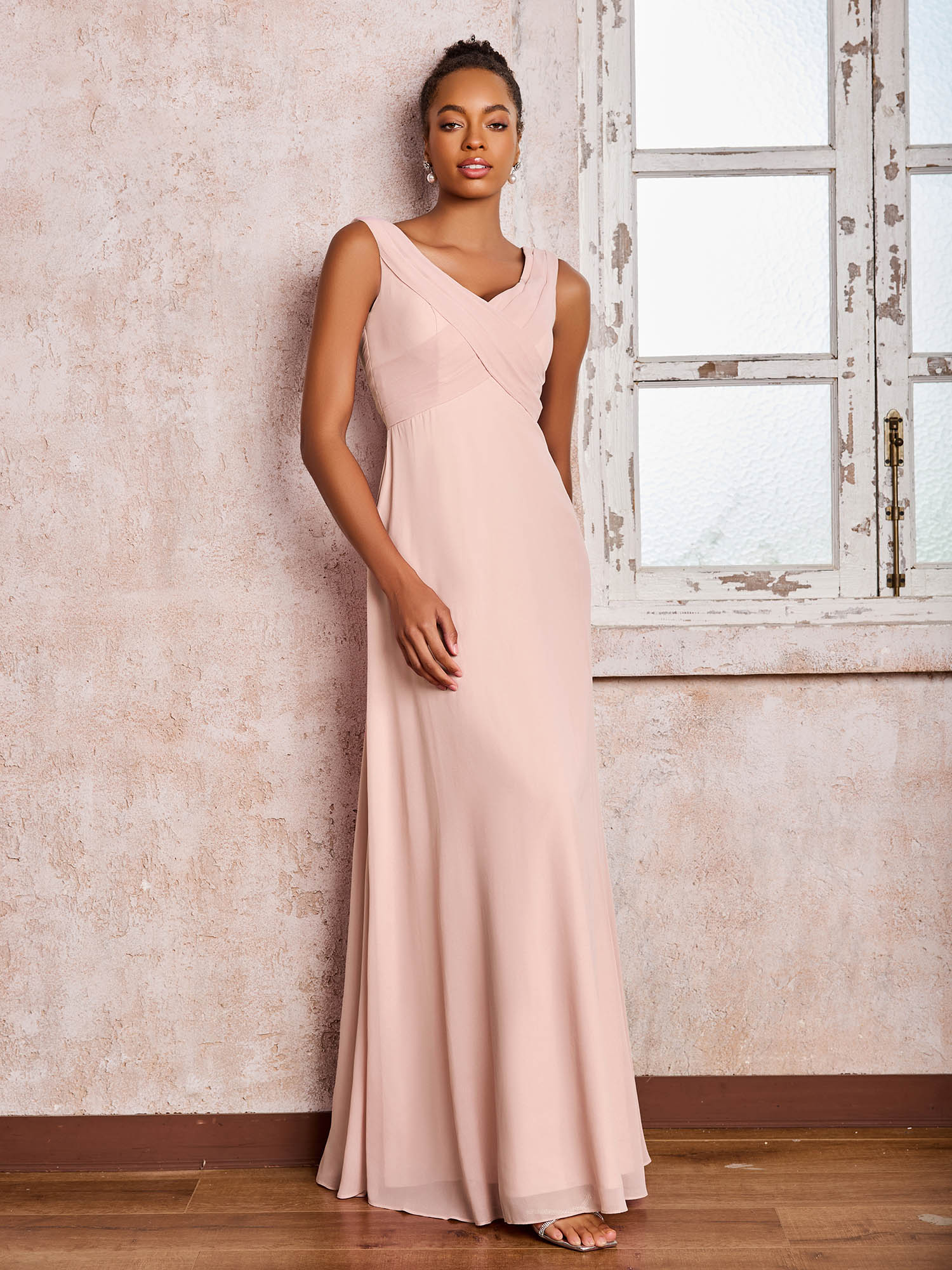 V-neck Pleated Sleeveless A-line Chiffon Dresses Dusty Rose - Image 5
